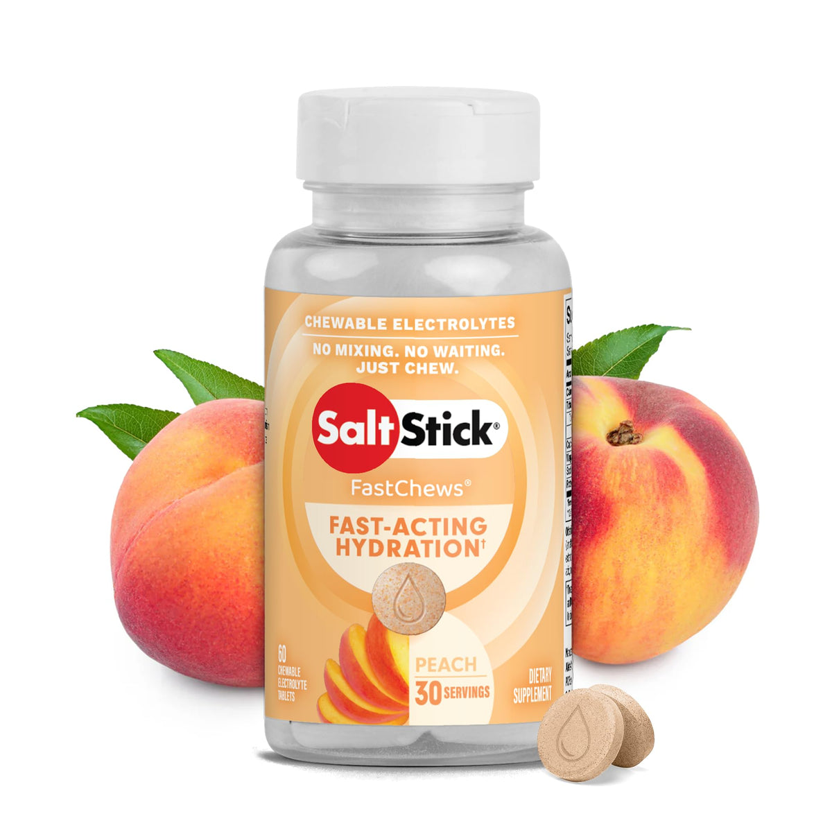 SaltStick envase frontal sabor durazno mostrando practicidad y transporte