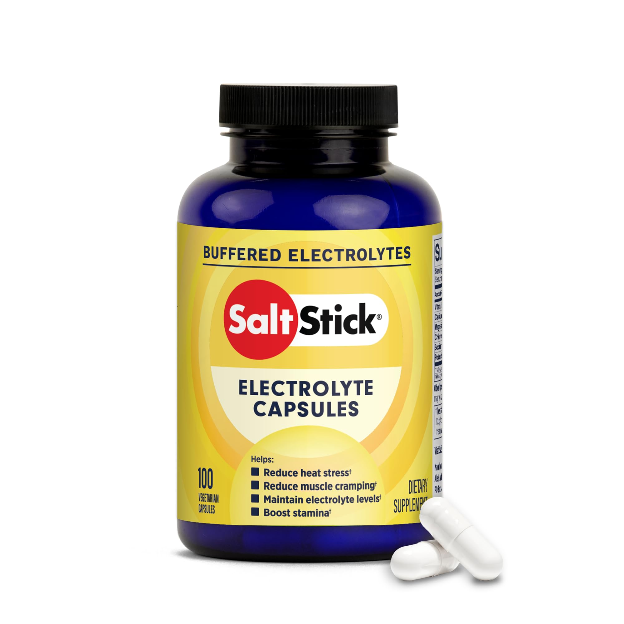 SaltStick envase frontal mostrando 100 cápsulas y beneficios para deportistas