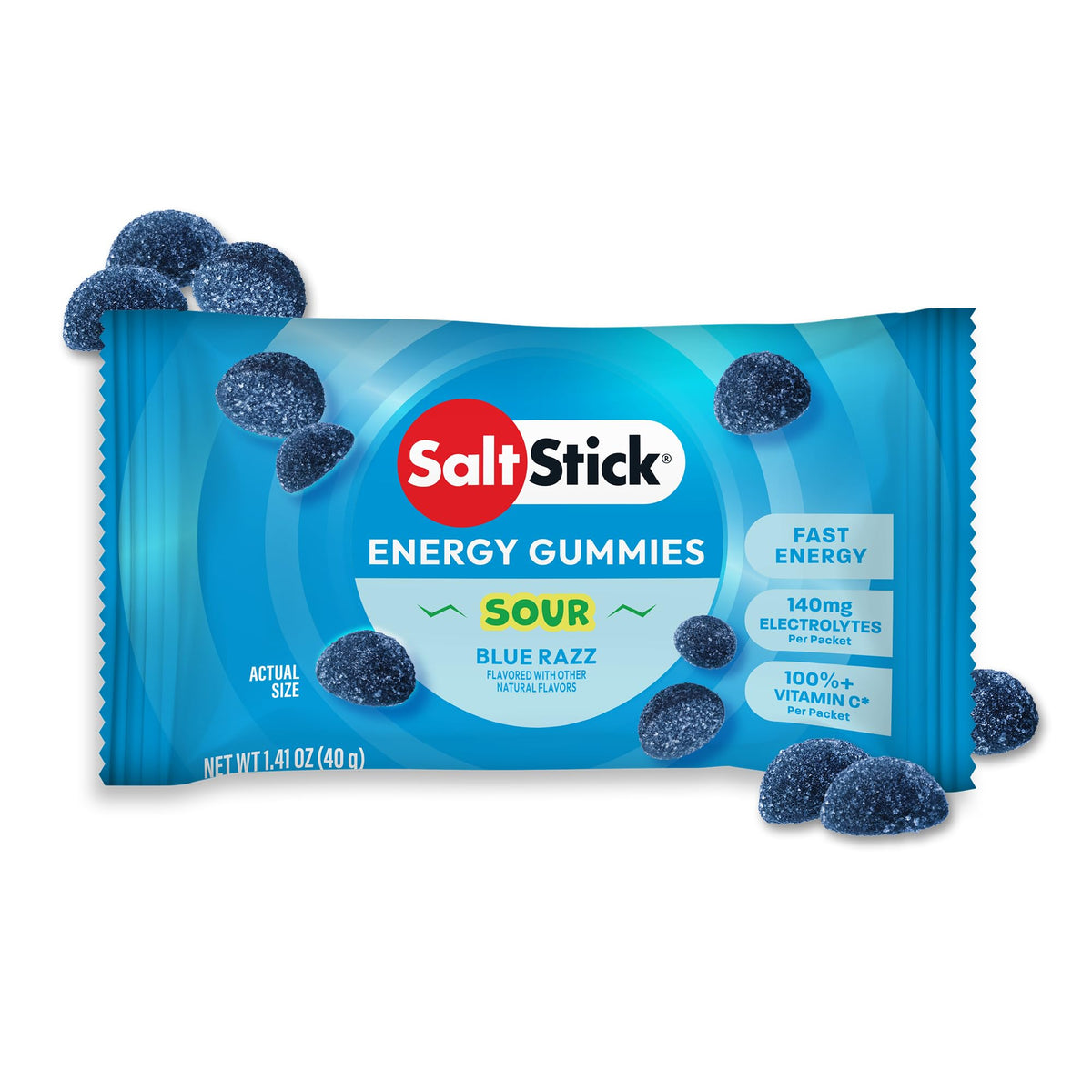 SaltStick frente del empaque Blue Sour Raz mostrando 10 sobres y beneficios