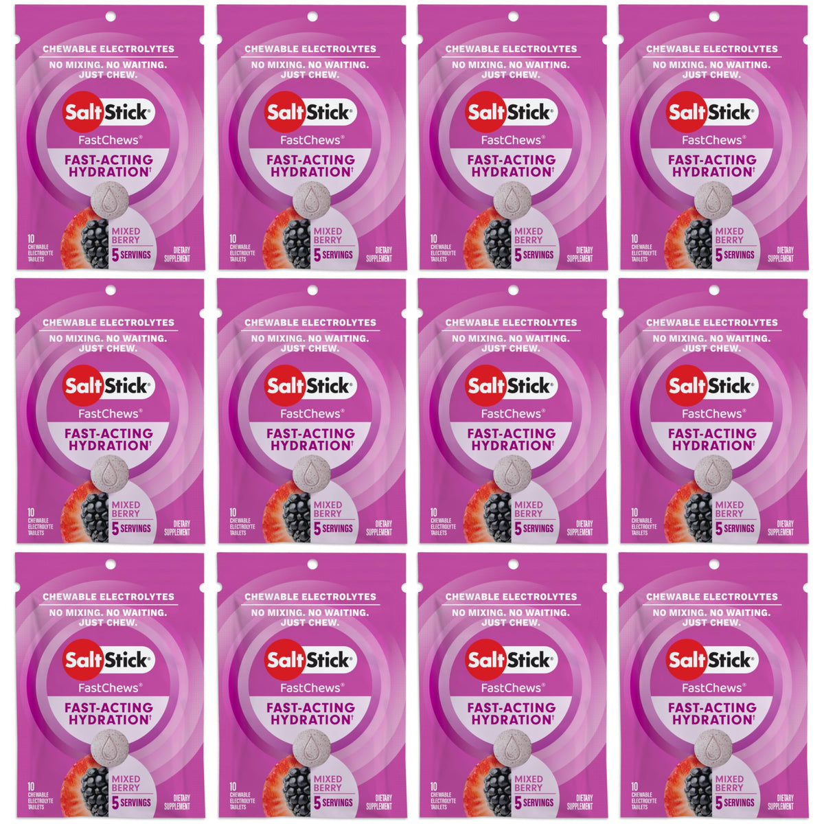 SaltStick paquete frontal Mixed Berry mostrando diseño y conveniencia