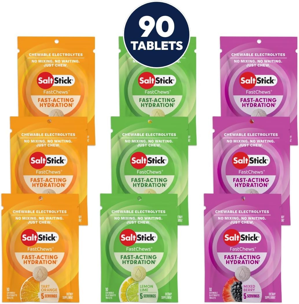 SaltStick paquete frontal mostrando 90 tabletas y variedad de sabores