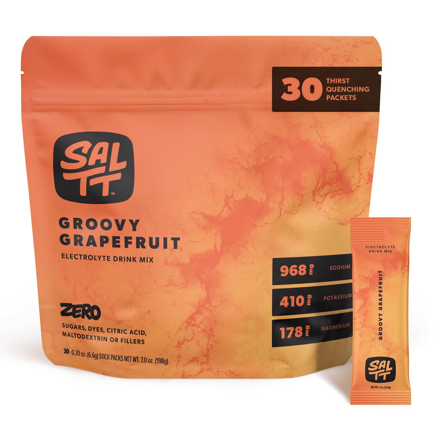 SALTT frontal del empaque Groovy Grapefruit mostrando sobres y beneficio práctico