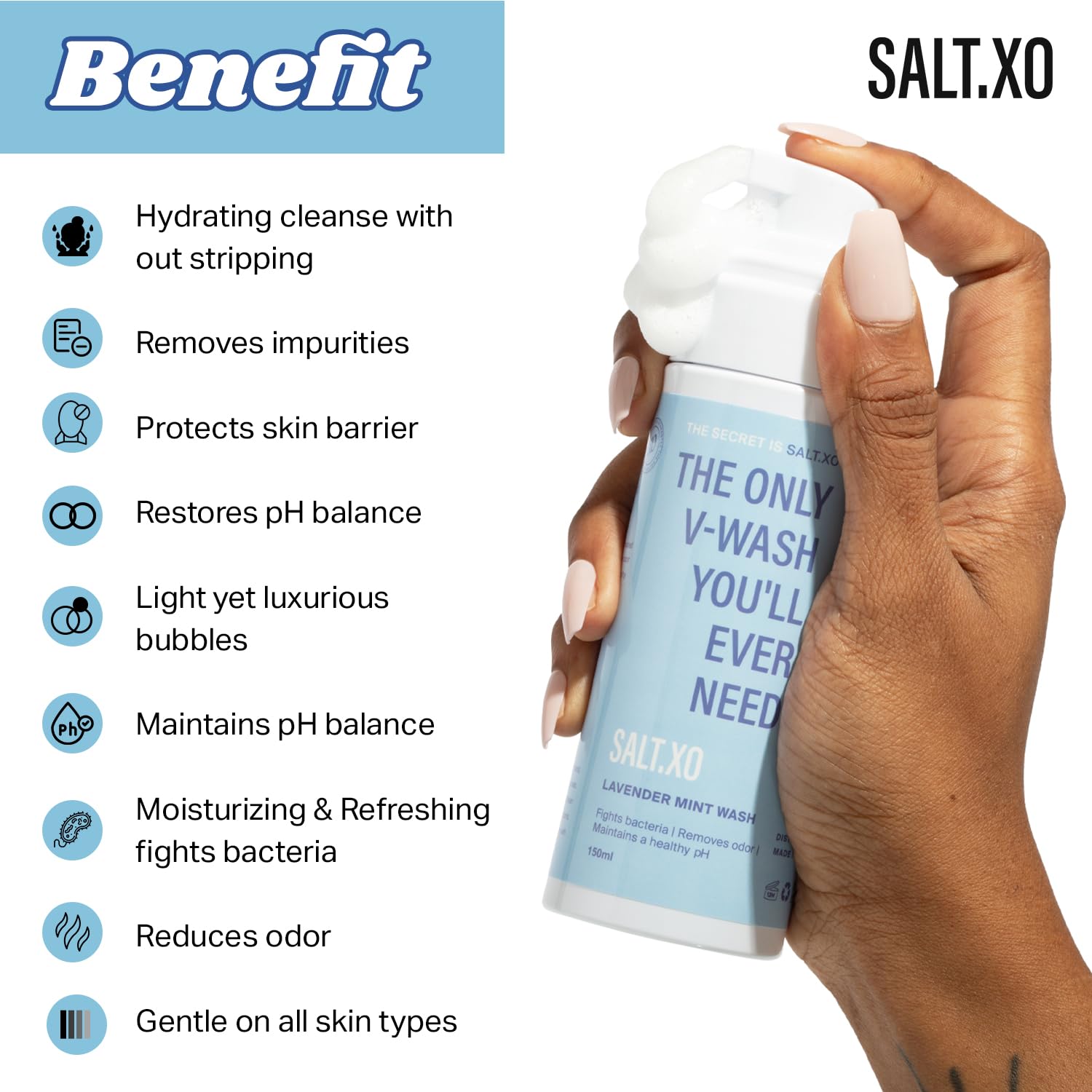 salt.xo espuma ligera en mano evidenciando textura suave y cremosa