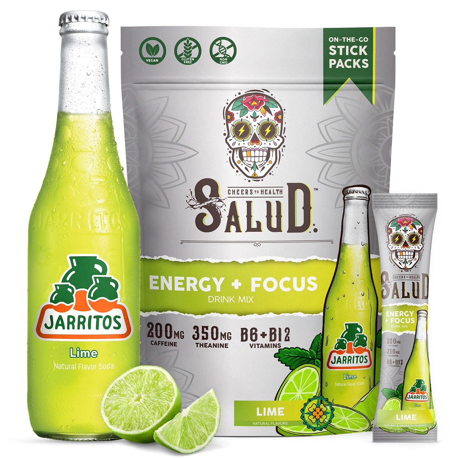 Salud x Jarritos frente del empaque mostrando sobres y beneficios