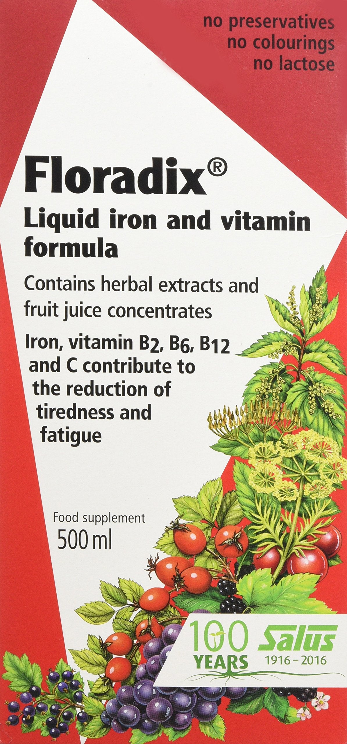 SALUS Floradix botella frontal mostrando etiqueta y beneficios