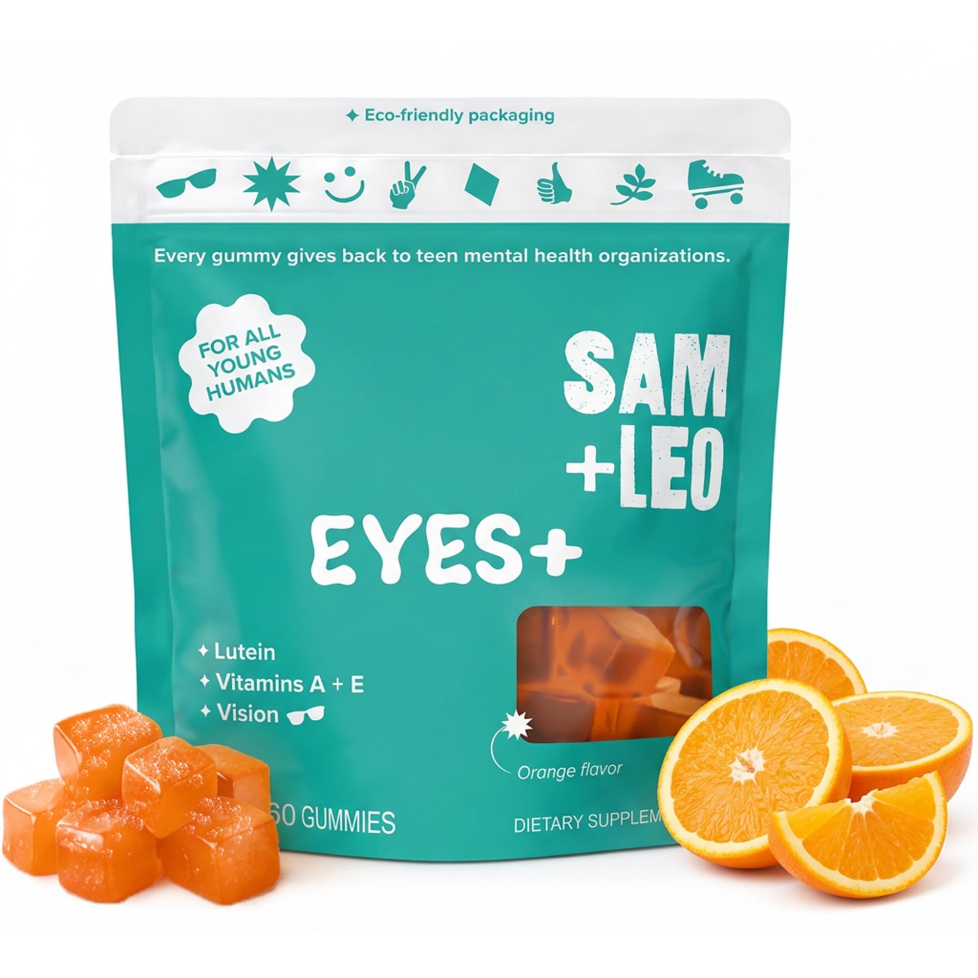 SAM+LEO envase frontal de Eye Gummies con información clara y beneficio visible