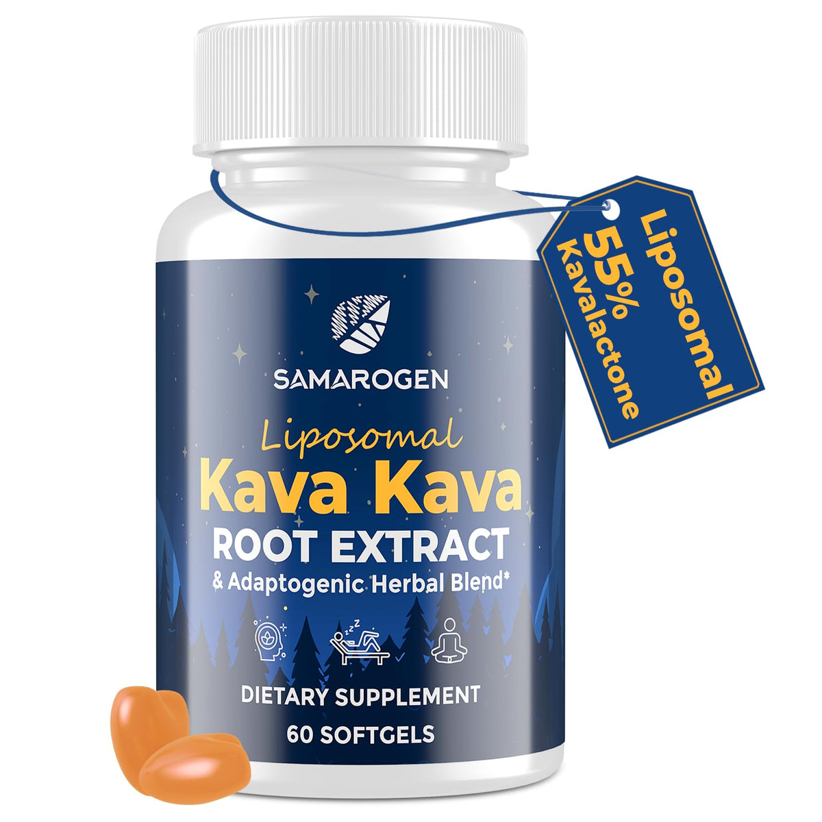 Samarogen frasco frontal mostrando 60 softgels y diseño de etiqueta clara