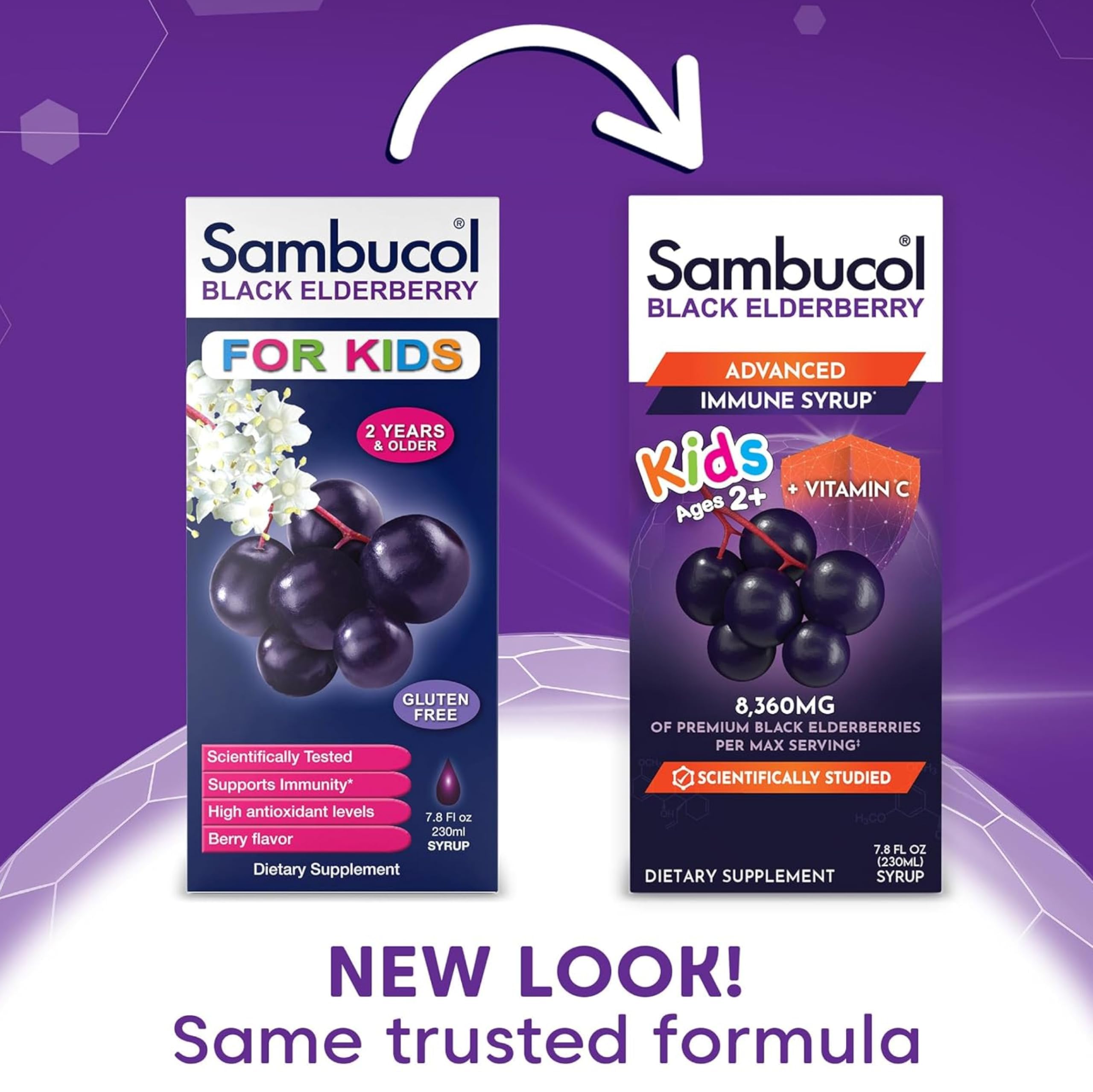 Sambucol etiqueta con información de ingredientes y beneficios claros