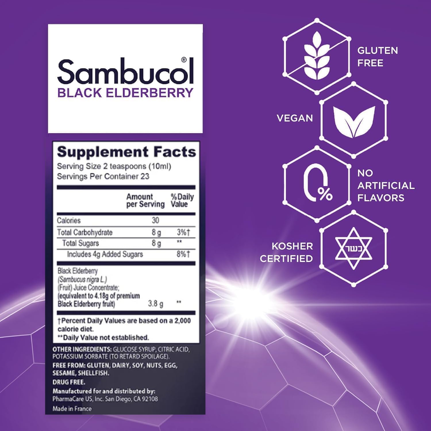Sambucol etiqueta detalle con ingredientes y certificados visibles