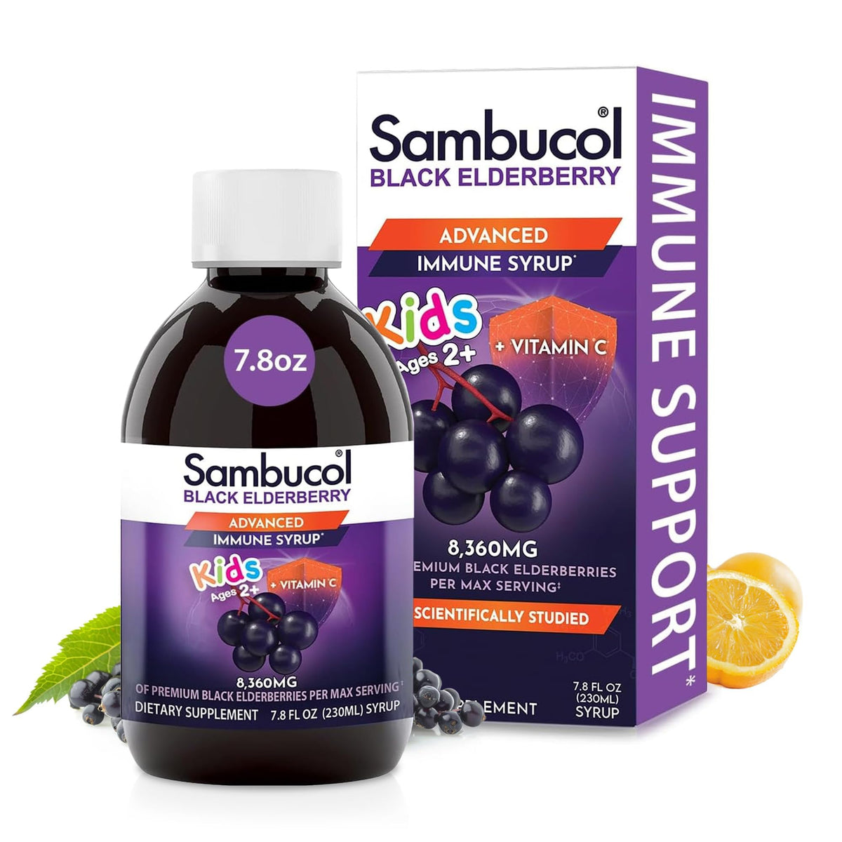 Sambucol frasco frontal mostrando diseño y beneficio antioxidante