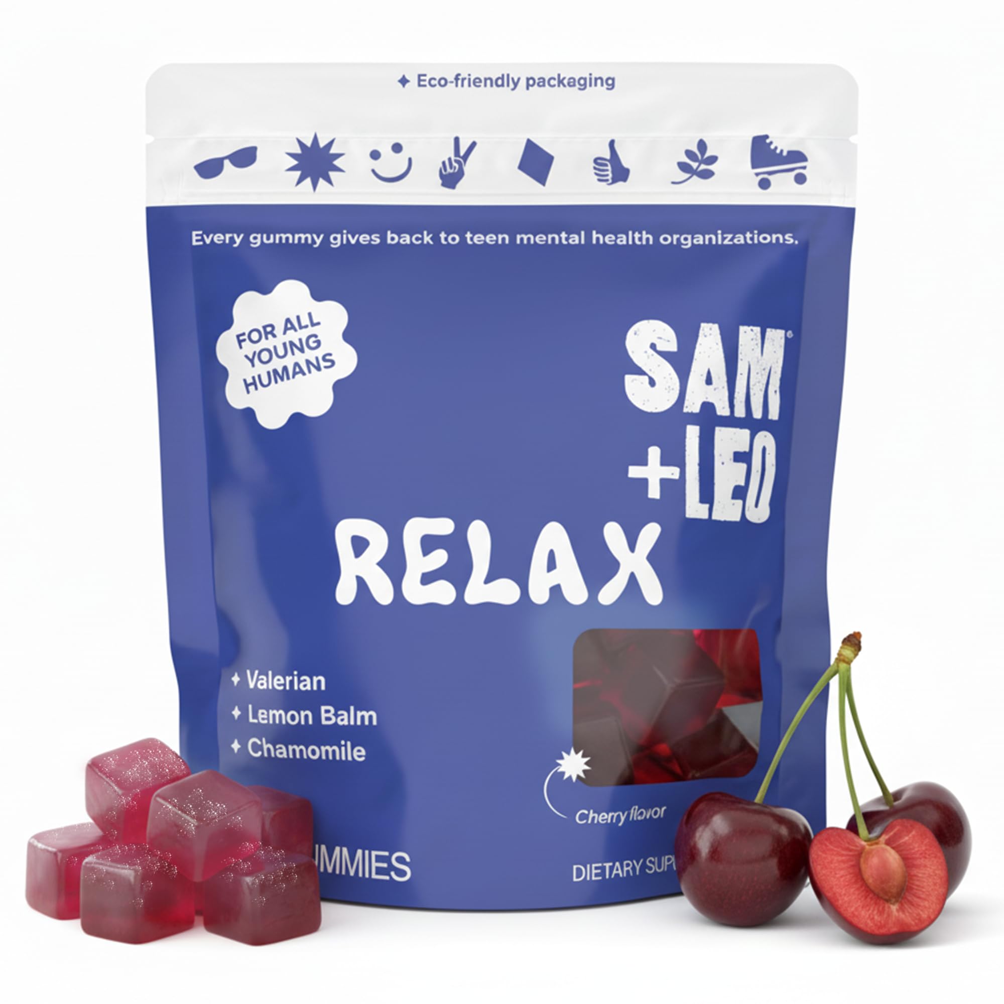 SAM+LEO pouch frontal con 60 gomitas cereza, presentación clara y beneficios visibles