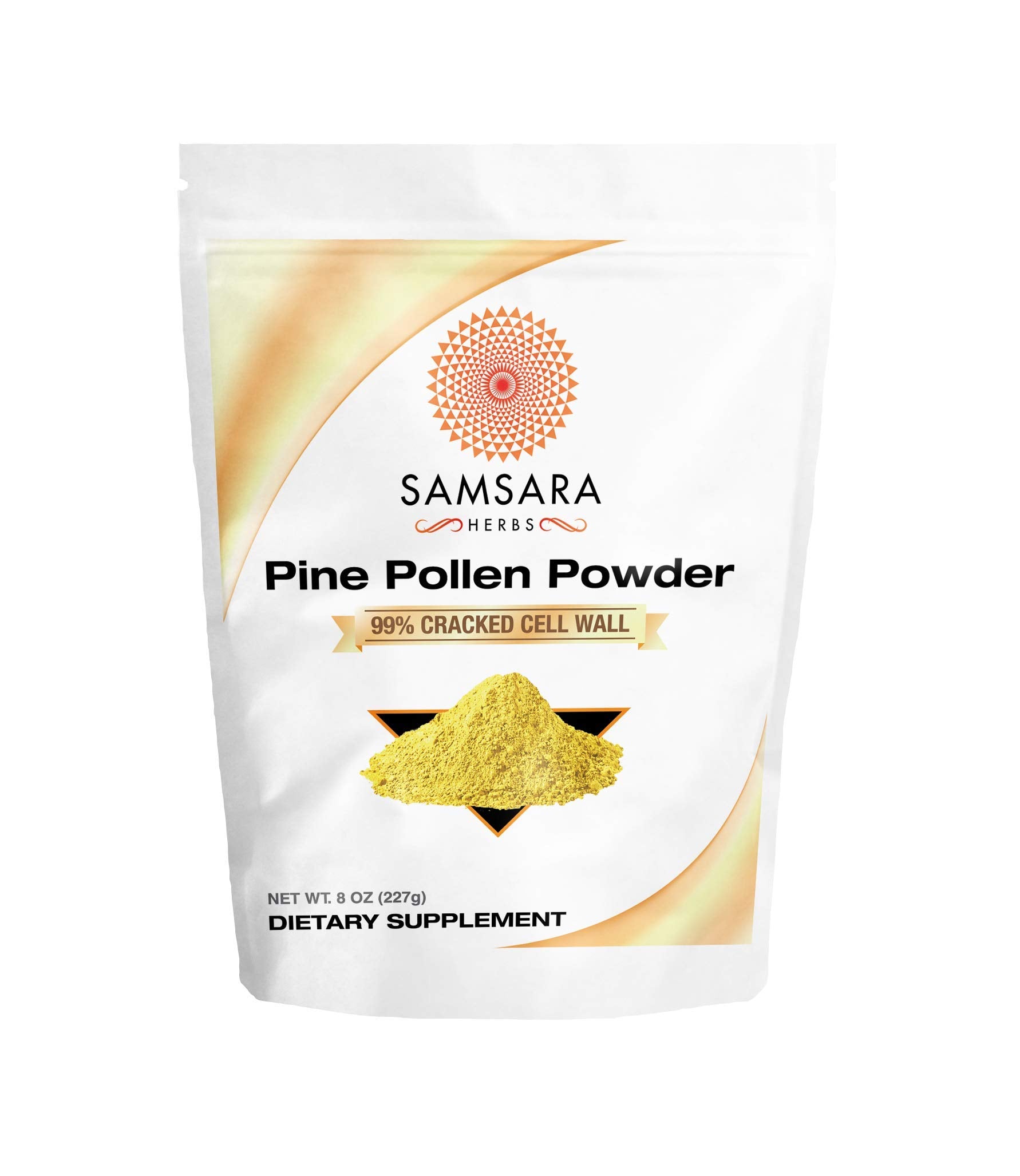 Samsara Herbs polen de pino frente, empaque claro y beneficios de concentración