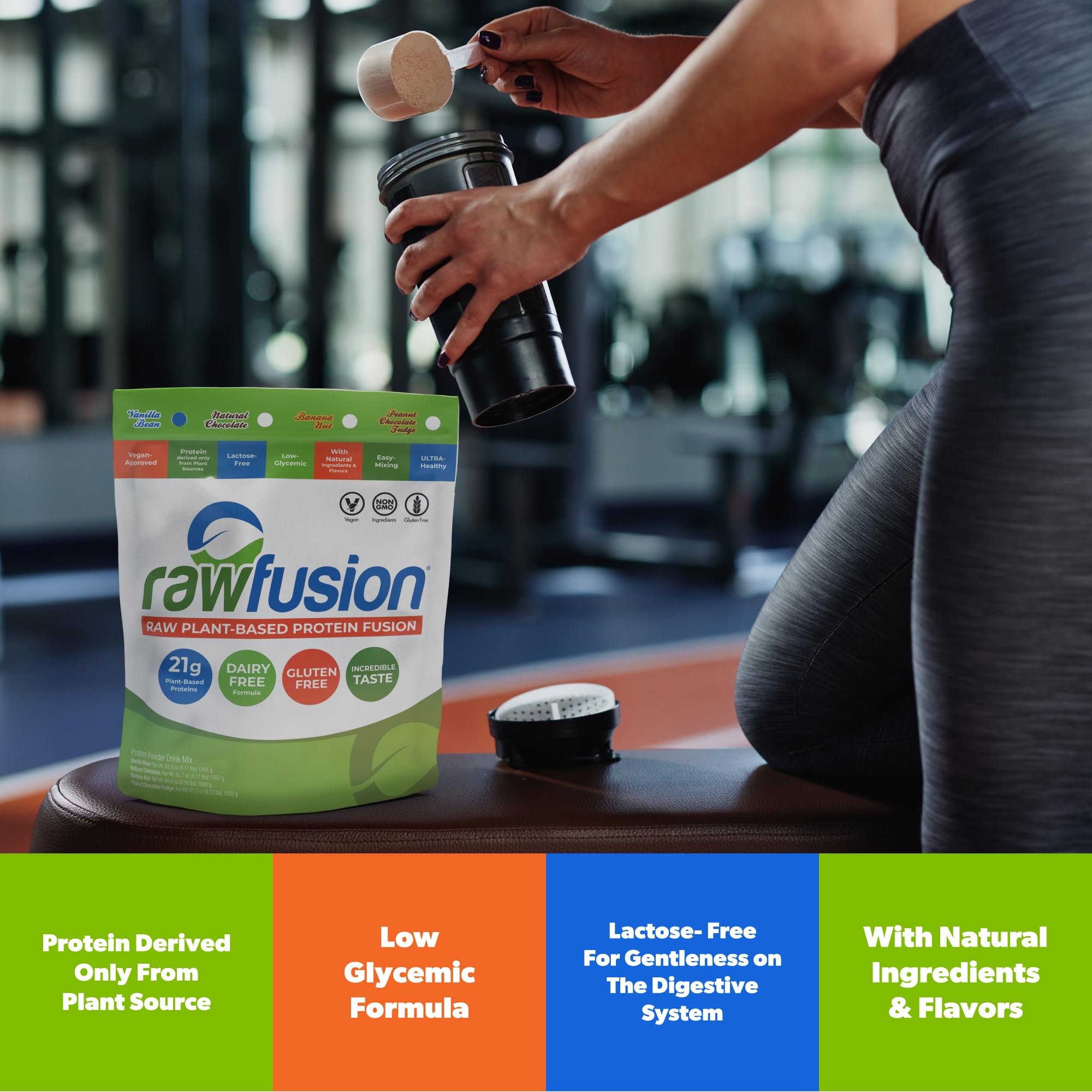 SAN Rawfusion cuchara medidora con porción, facilita dosis consistente y práctica