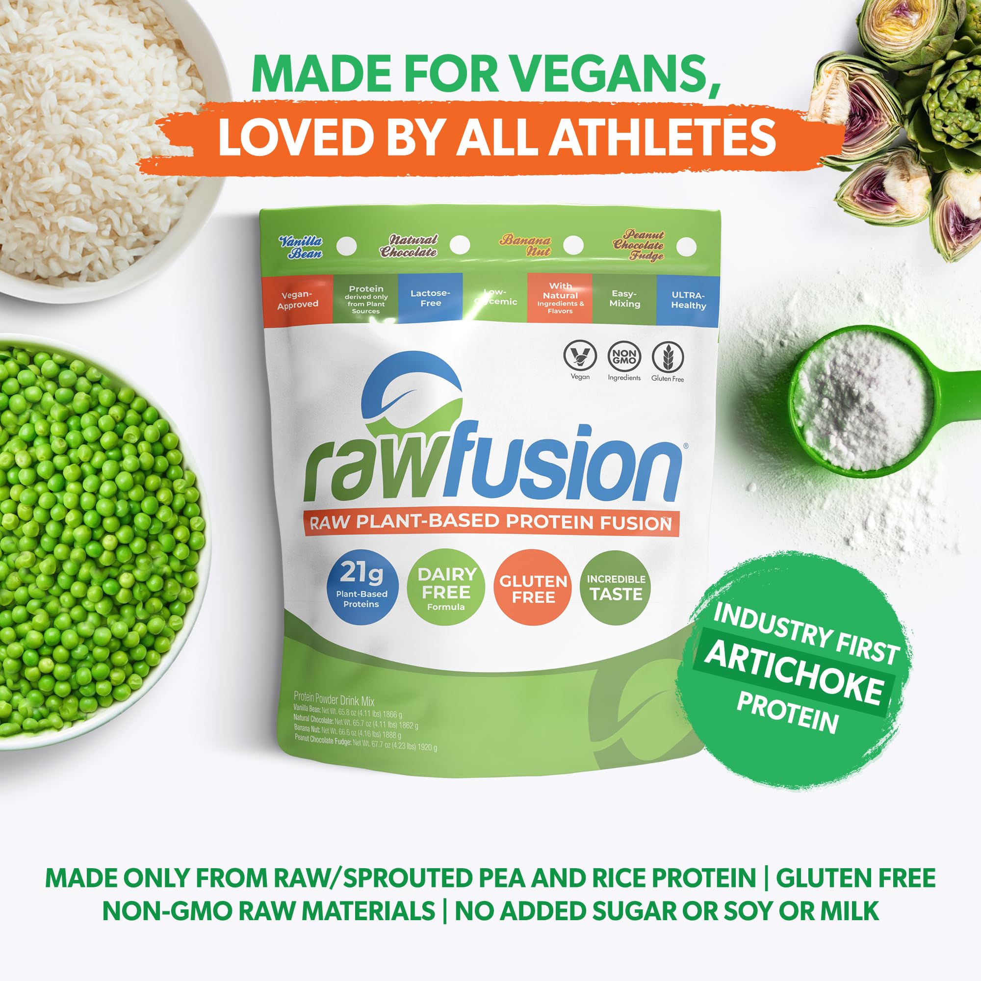 SAN Rawfusion etiqueta de ingredientes, muestra mezcla de alcachofa, guisante y arroz