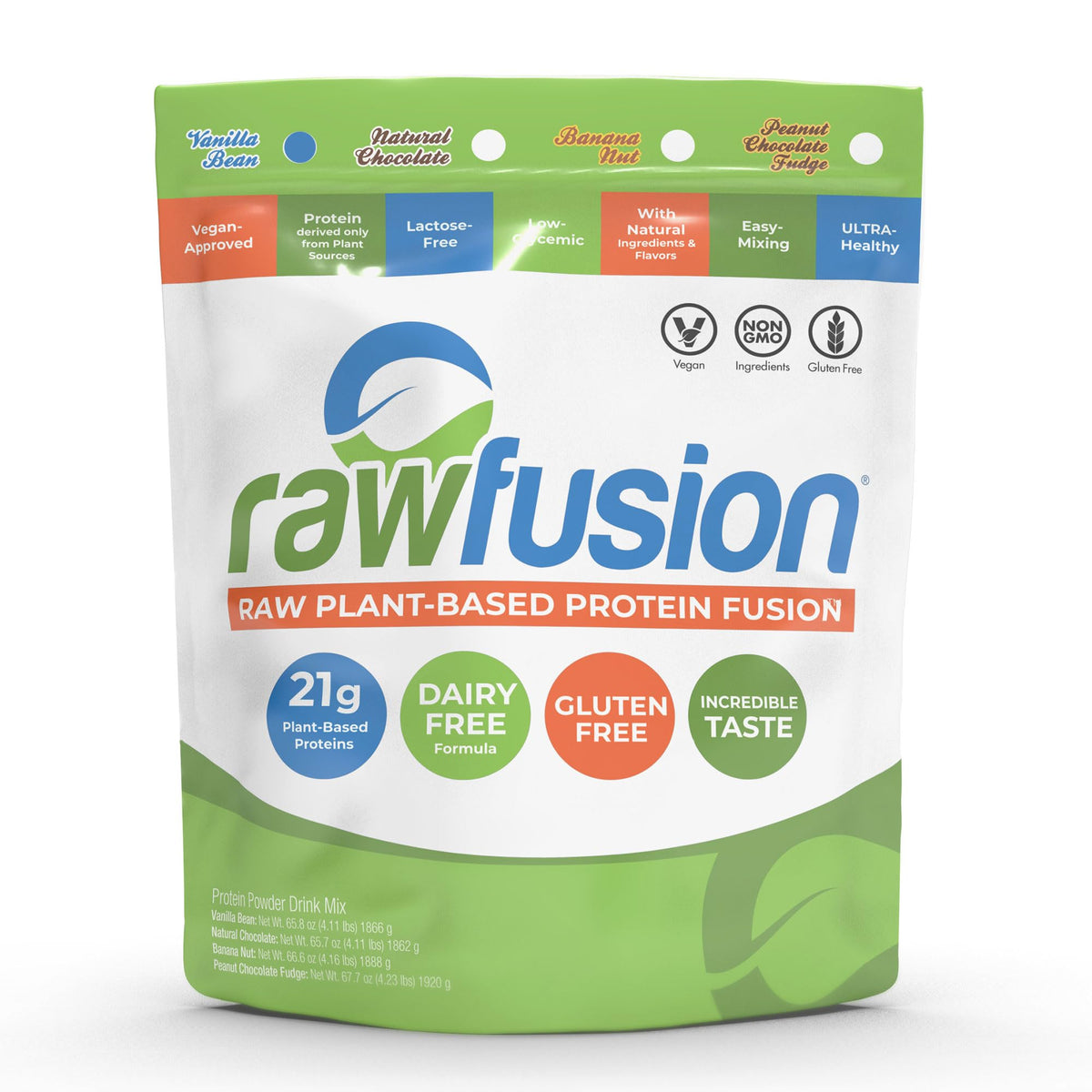 SAN Rawfusion frente del envase mostrando 4 lb y sabor Vainilla Bean, visual claro
