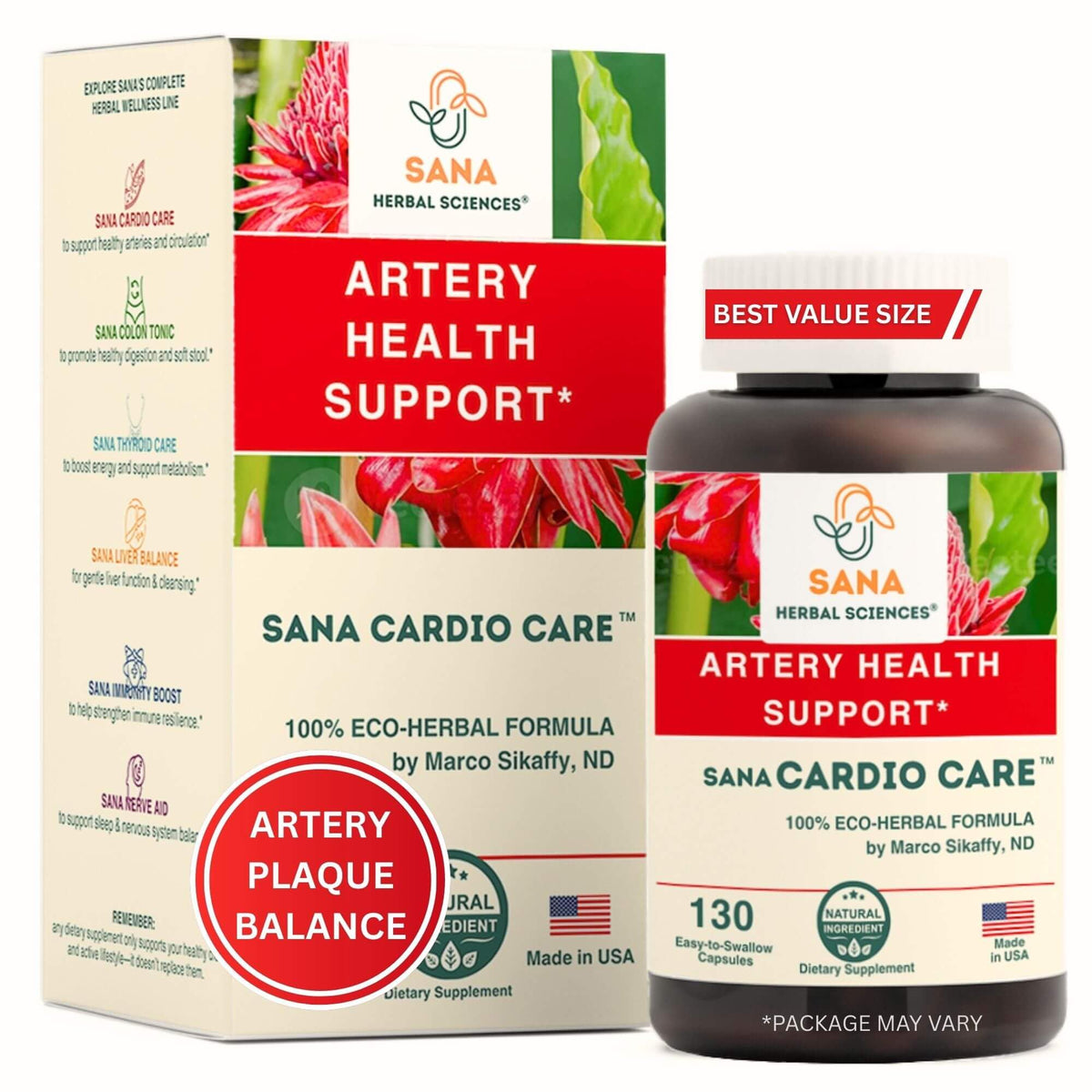 Sana Herbal Sciences frasco frontal mostrando la marca y beneficios claros
