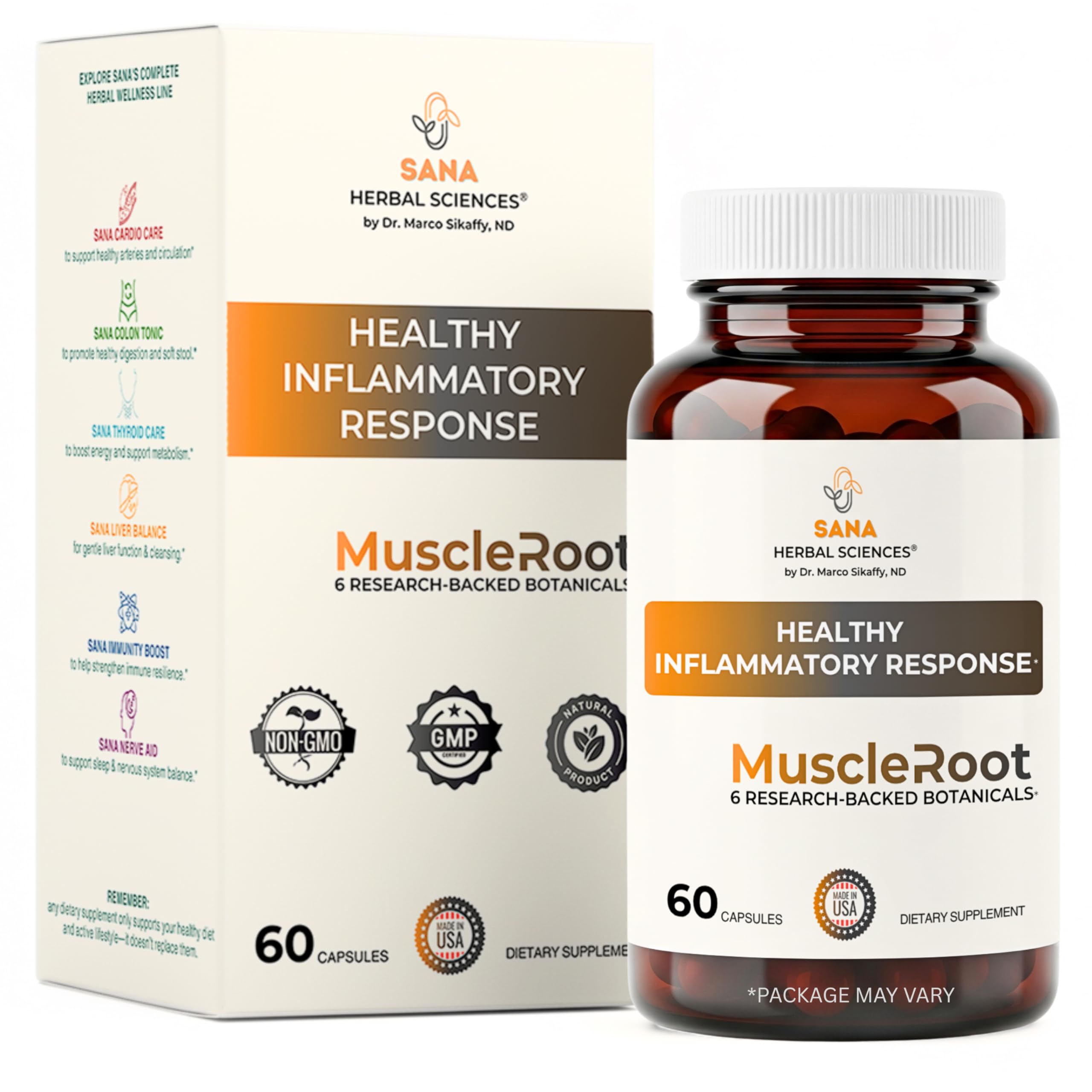 Sana Herbal Sciences frasco frontal que muestra diseño y beneficios claros