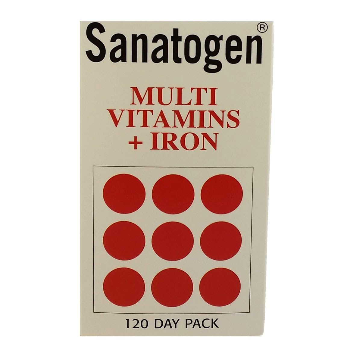 Sanatogen Multi Vitamins & Iron frontal del envase mostrando el diseño y conveniencia