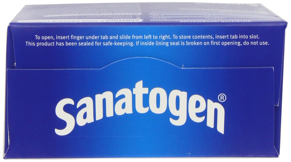 Envase Sanatogen en mano que muestra tamaño portátil y facilidad de transporte