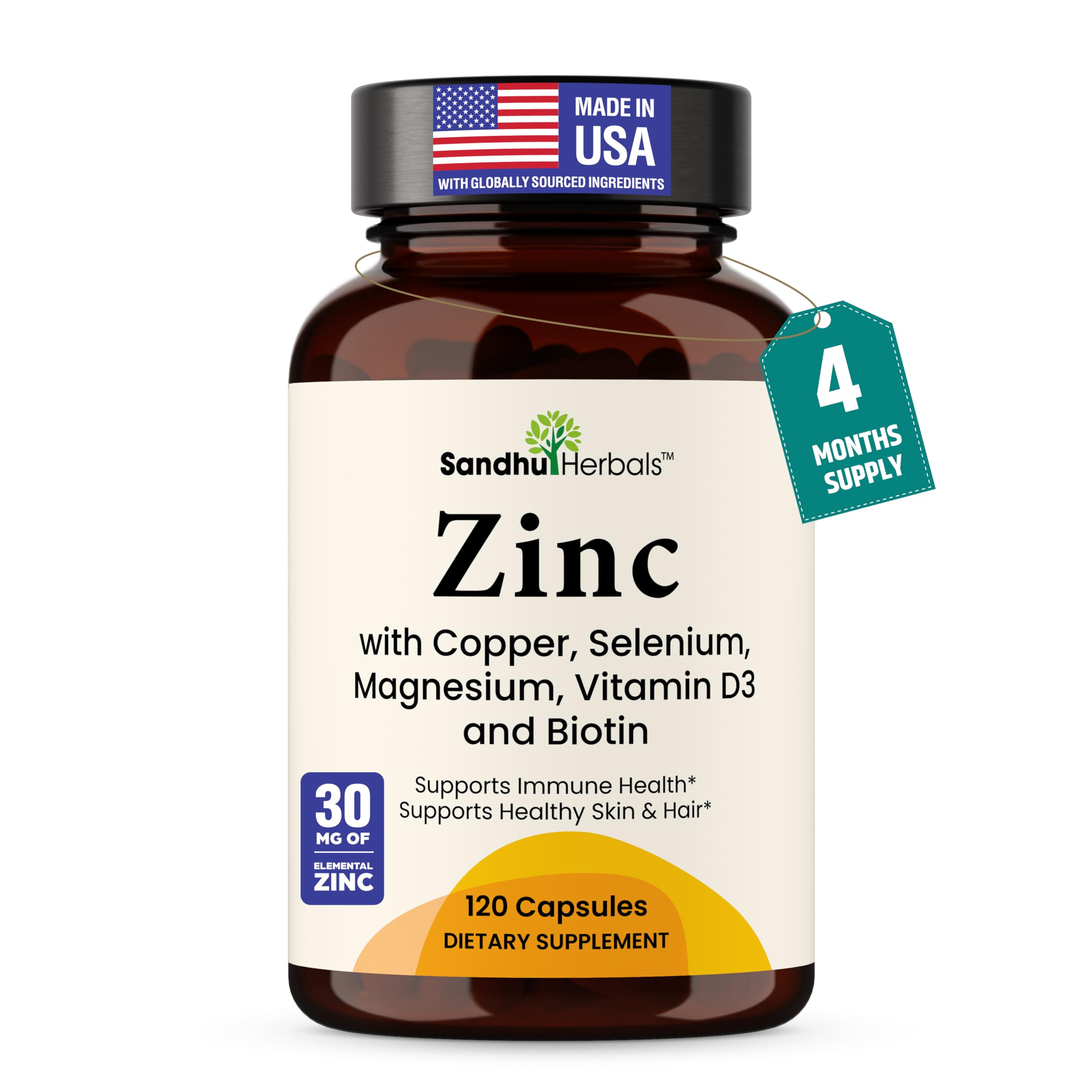 SANDHUHERBALS envase frontal mostrando suplemento Zinc 30 mg y beneficios