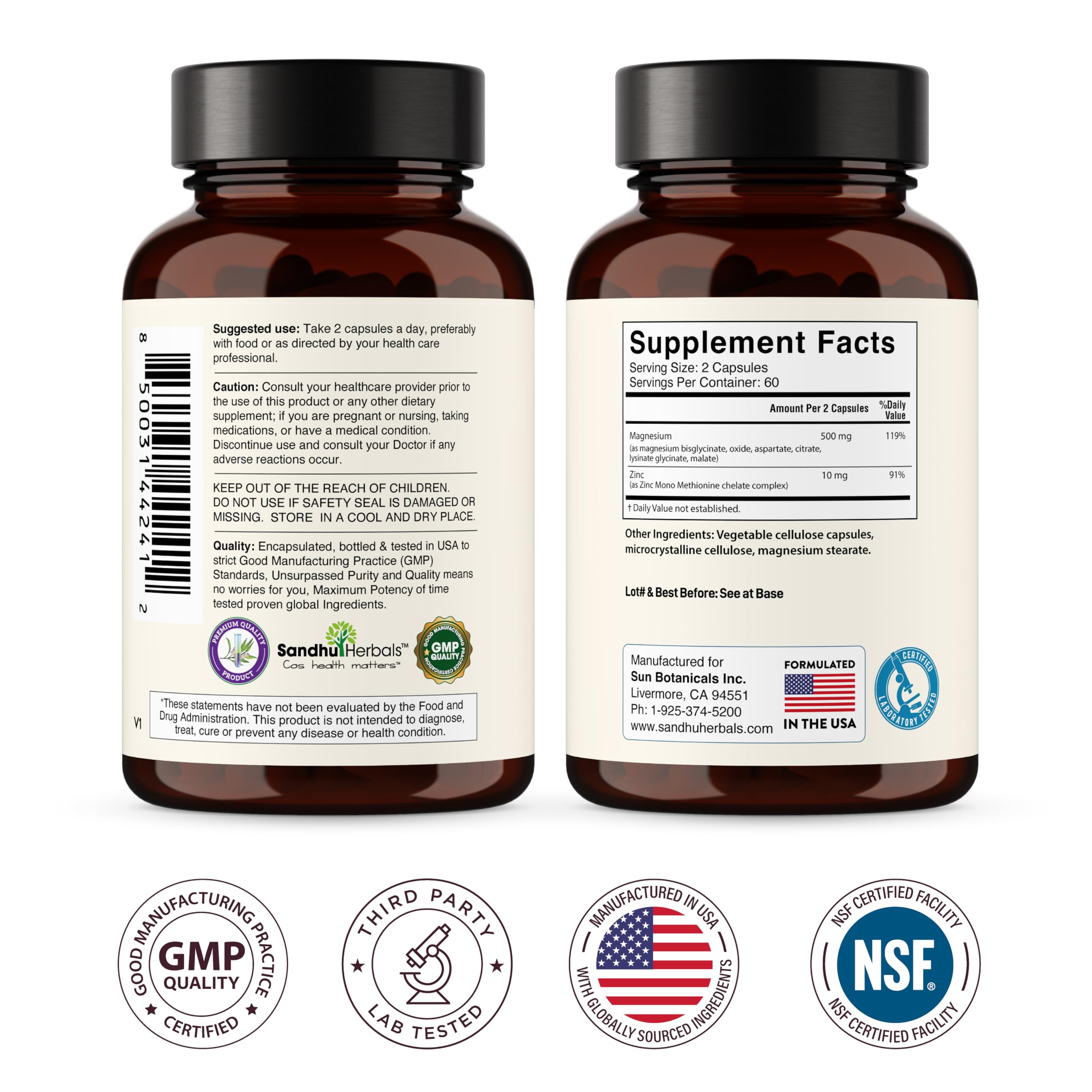 SANDHUHERBALS sellos GMP y NSF que muestran control de calidad