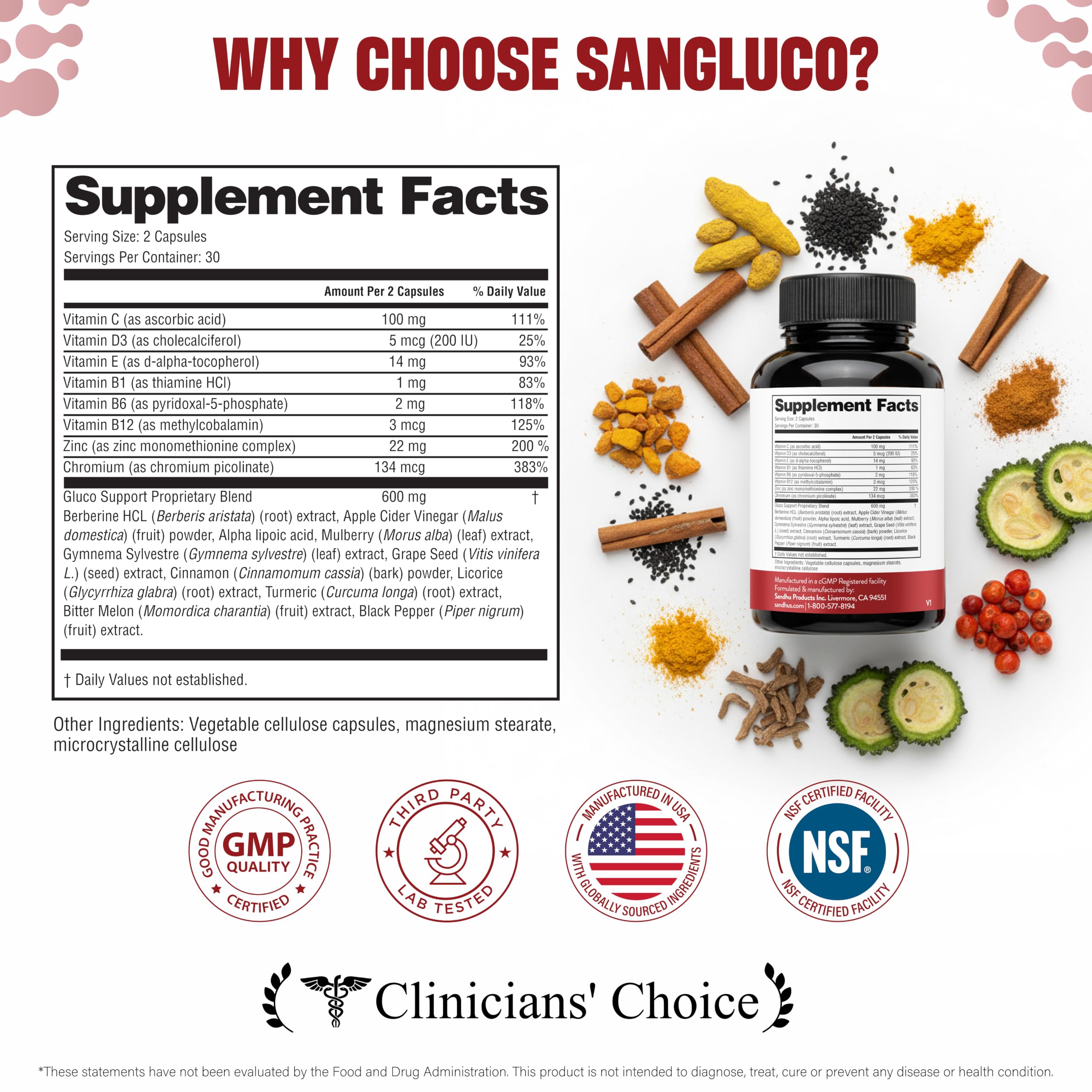 Sandhu's ingredientes Sangluco primer plano de extractos naturales