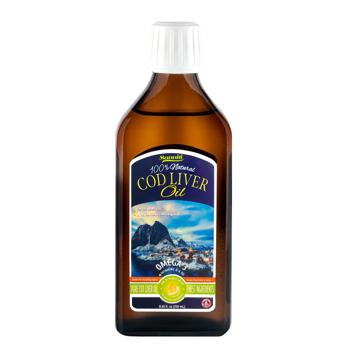Sanniti botella frontal sin sabor mostrando volumen y origen nórdico beneficiosa