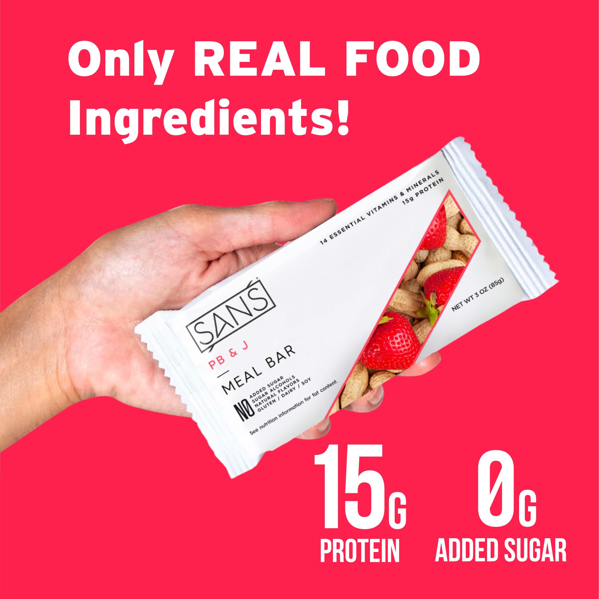 SANS etiqueta nutricional destacando 14–15 g de proteína por barra