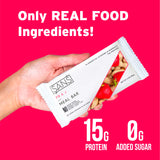 SANS etiqueta nutricional destacando 14–15 g de proteína por barra