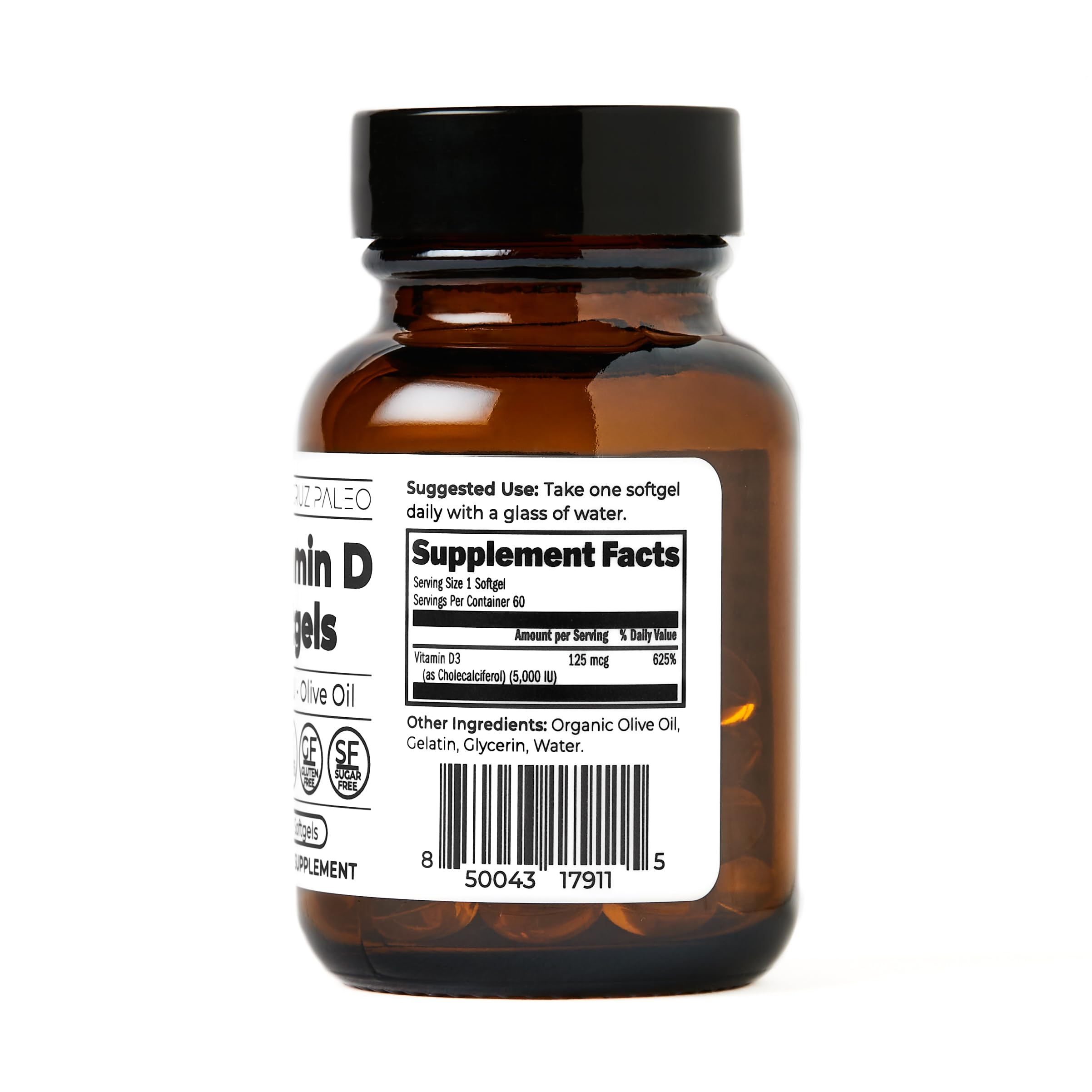Santa Cruz Paleo botella abierta con softgels organizadas para visualización
