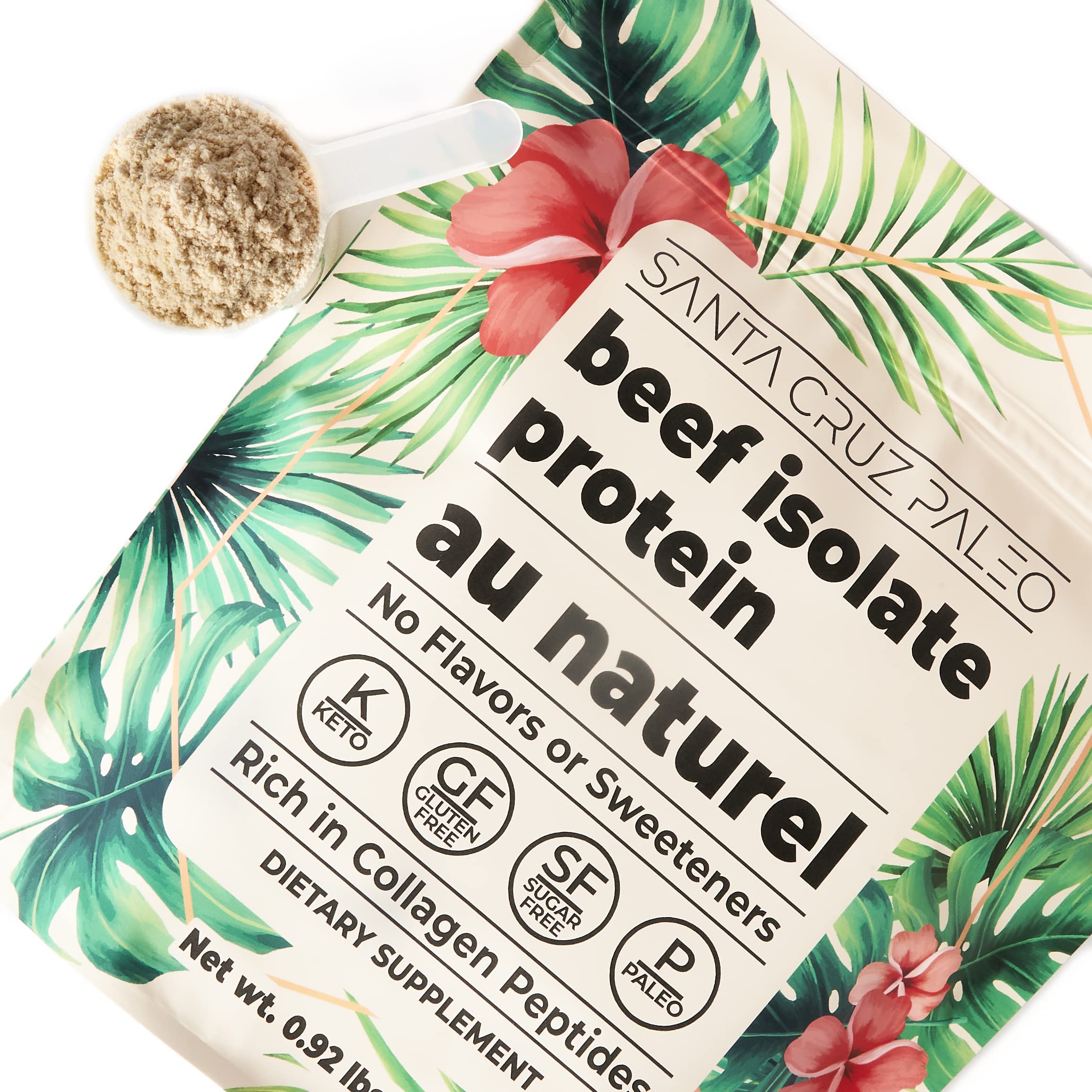 Santa Cruz Paleo etiqueta nutricional resaltando 20 g de proteína por porción