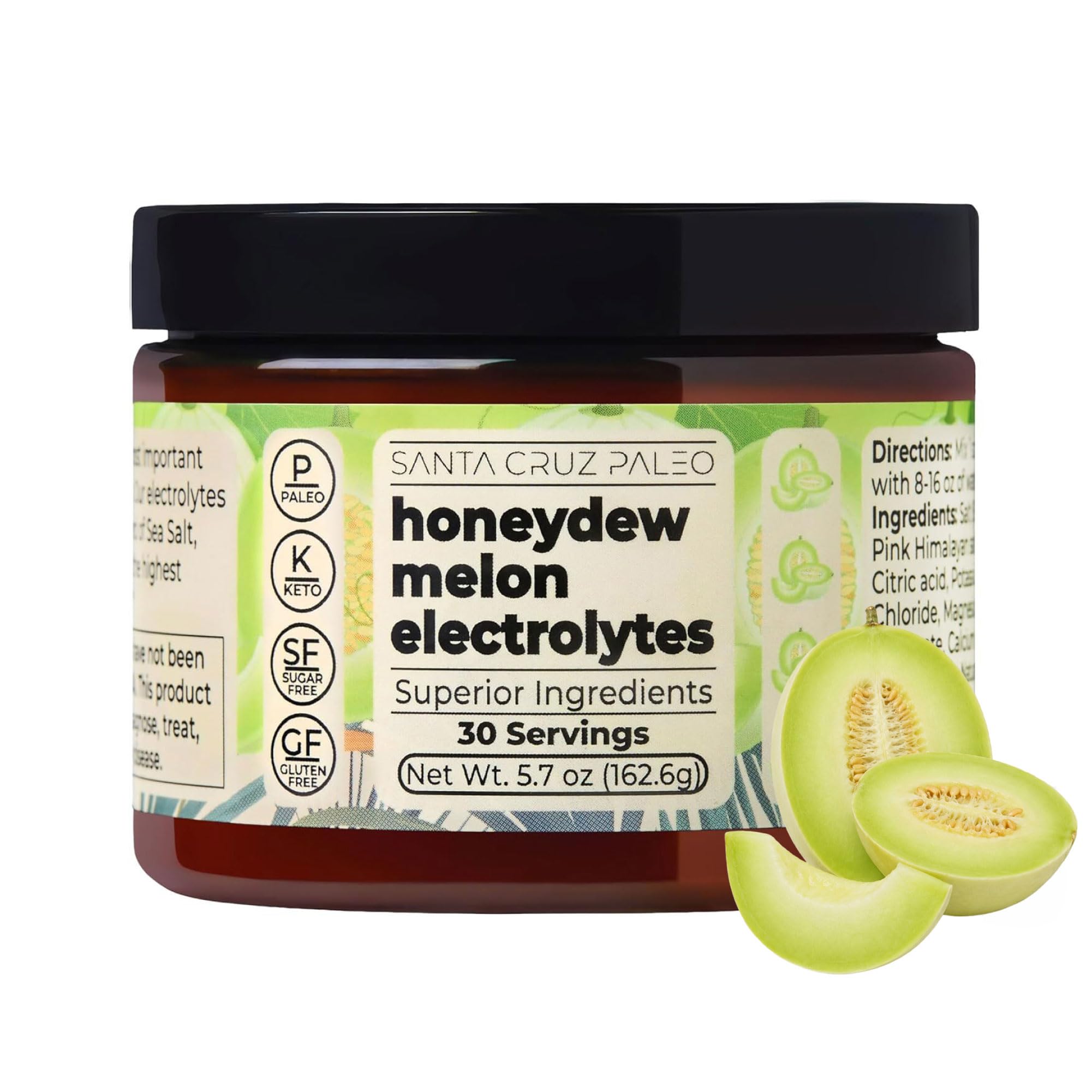 Santa Cruz Paleo frente del envase mostrando 30 servicios y sabor honeydew