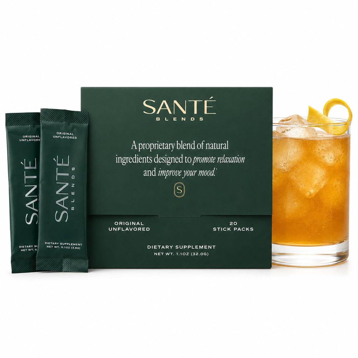Santé Blends envase frontal mostrando sticks y beneficios calmantes