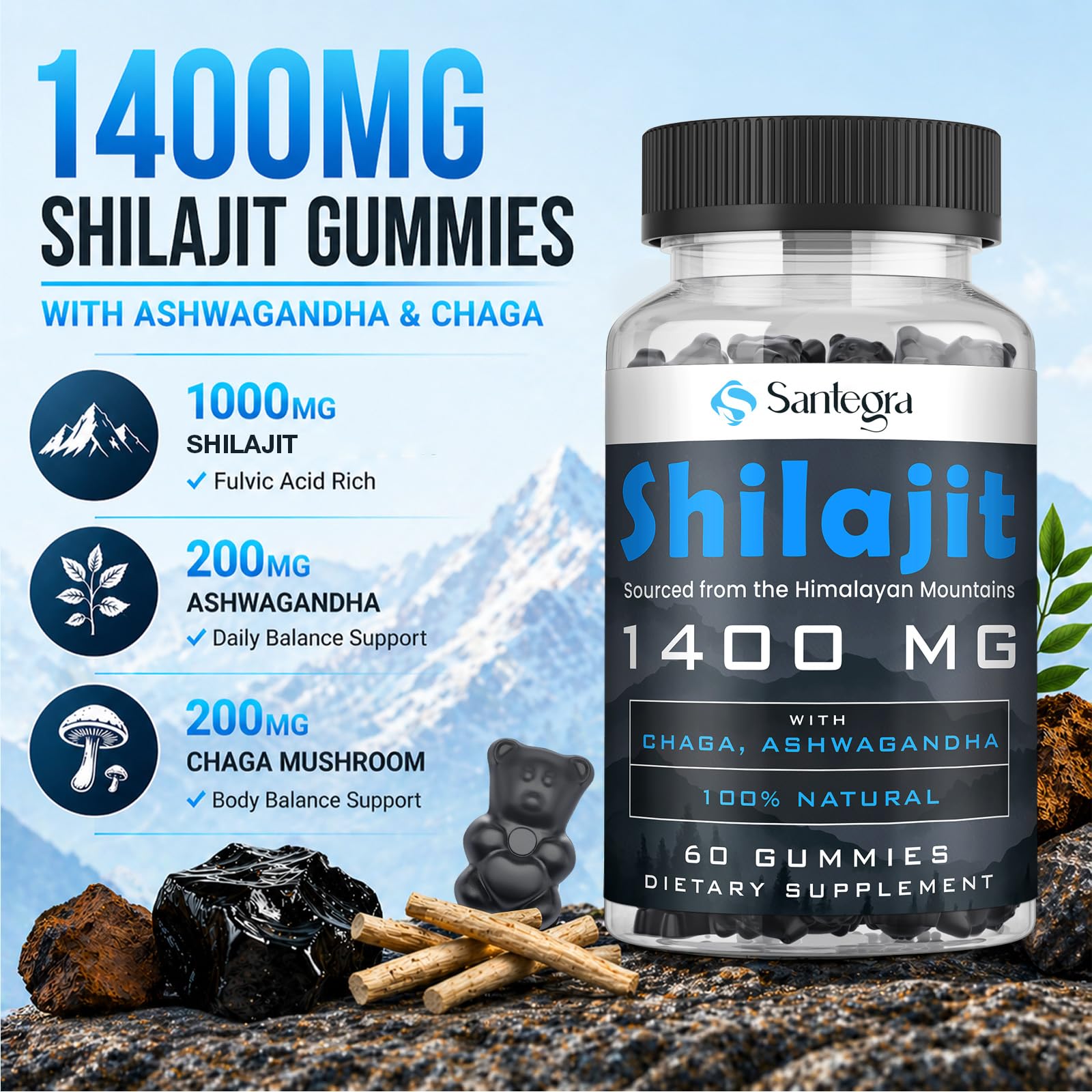 Santegra detalle de ingredientes mostrando shilajit, chaga y ashwagandha naturales
