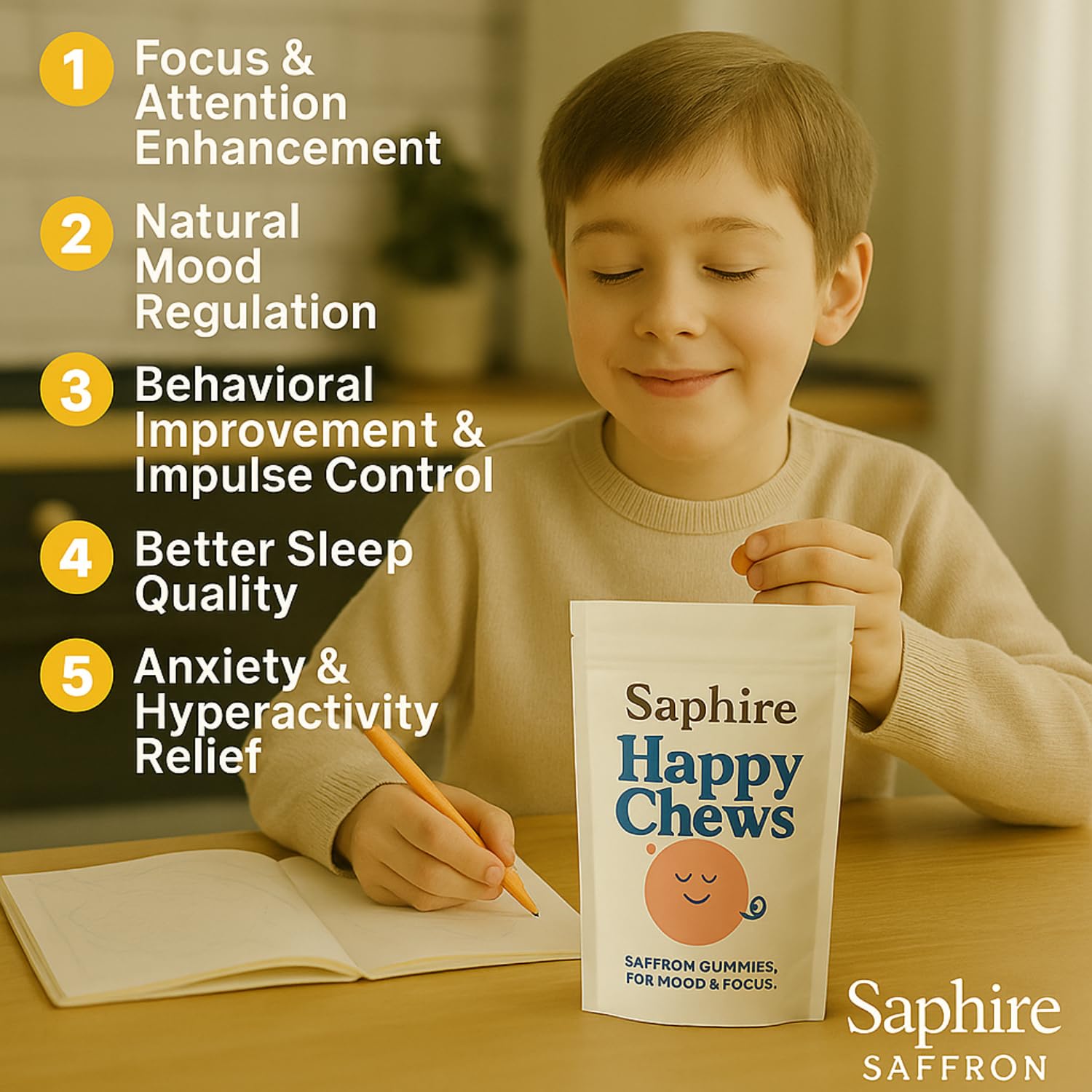 SAPHIRE HAPPY CHEWS etiqueta con ingredientes naturales legibles para confianza