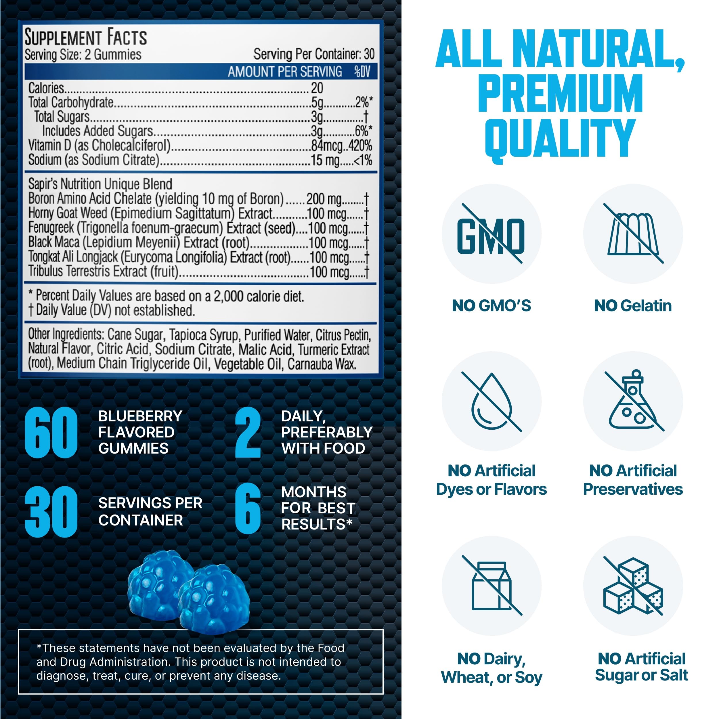 Sapir's Nutrition etiqueta con lista de ingredientes natural y probado por laboratorio