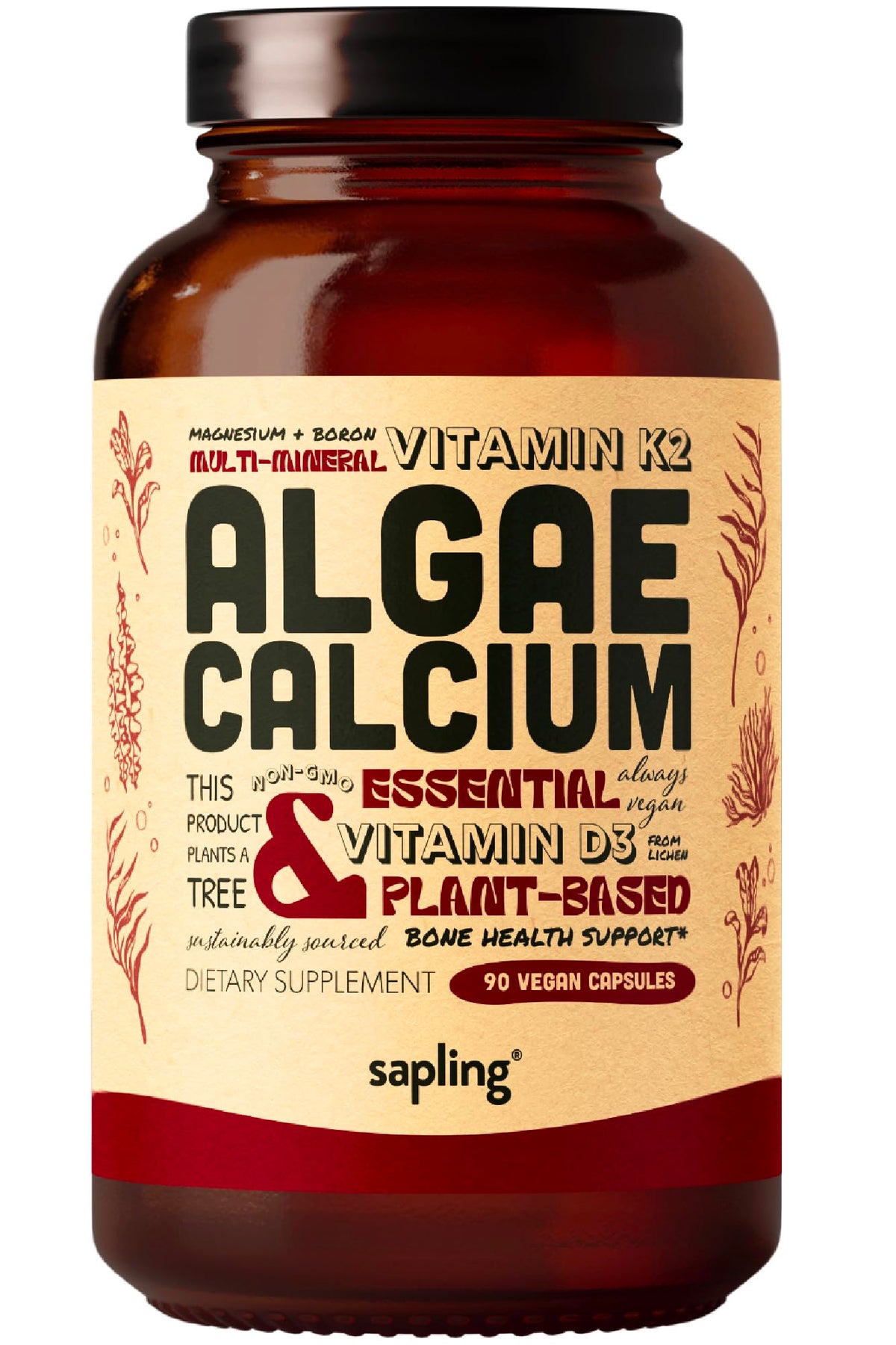 sapling frasco frente mostrando diseño y beneficios veganos