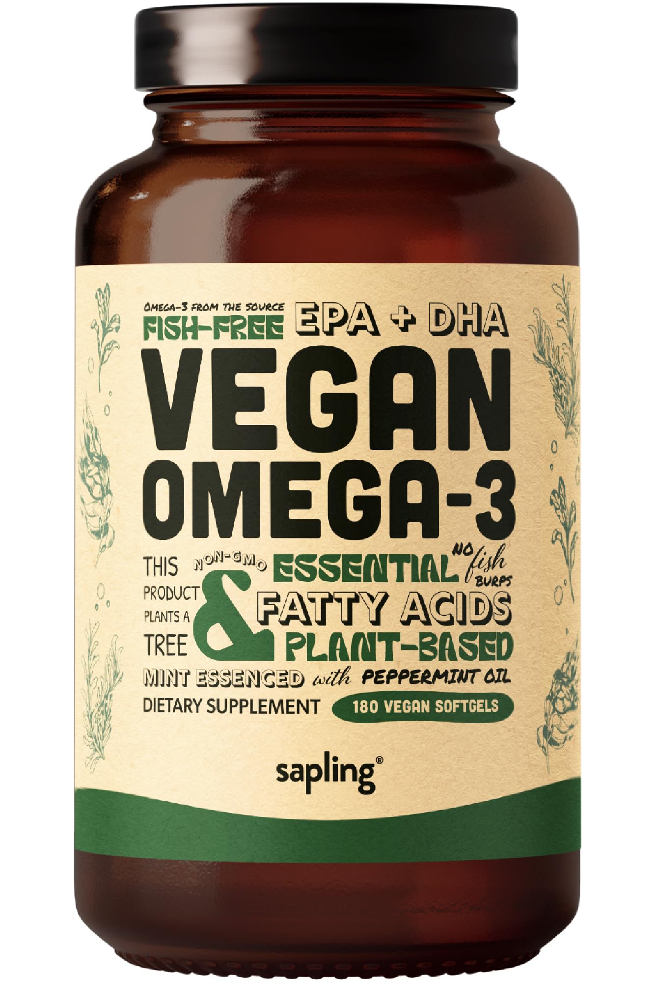 sapling frasco frontal mostrando etiqueta clara y beneficio vegano