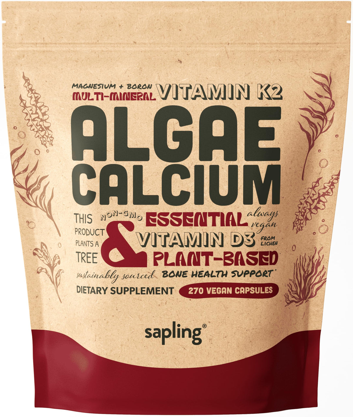 sapling frasco frontal mostrando etiqueta clara y beneficios veganos