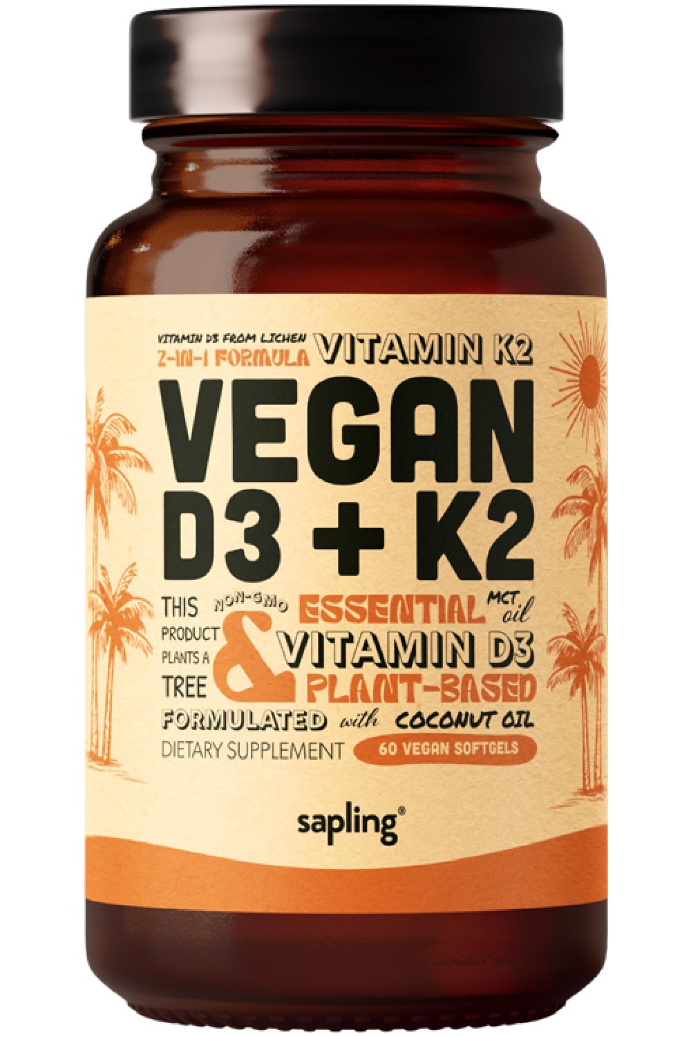 sapling frasco frontal mostrando etiqueta clara y beneficios veganos