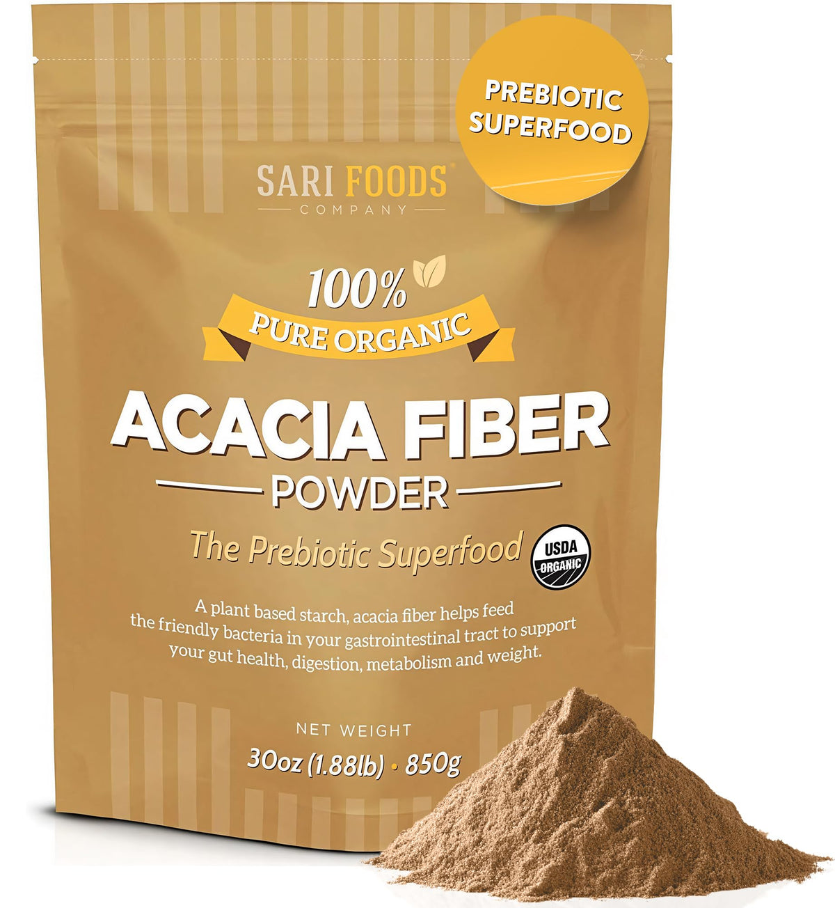 Sari Foods Co envase frontal mostrando marca y beneficio prebiótico