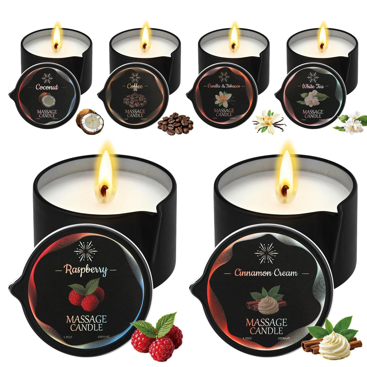 Sariiraw velas de masaje pack frontal mostrando seis frascos y beneficios aromáticos