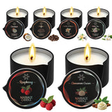 Sariiraw velas de masaje pack frontal mostrando seis frascos y beneficios aromáticos