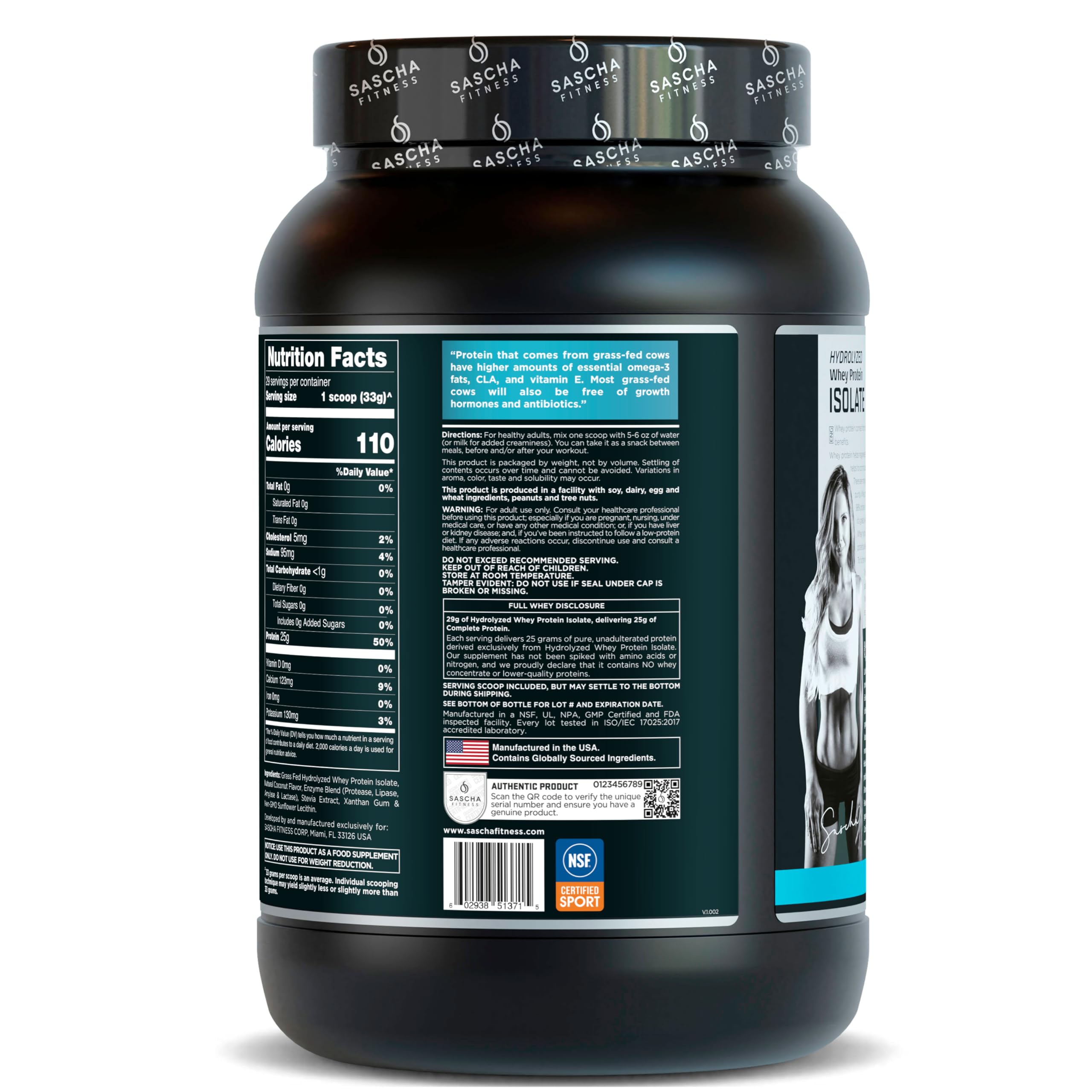 SASCHA FITNESS frasco de 2 lb junto a medidas para referencia de tamaño