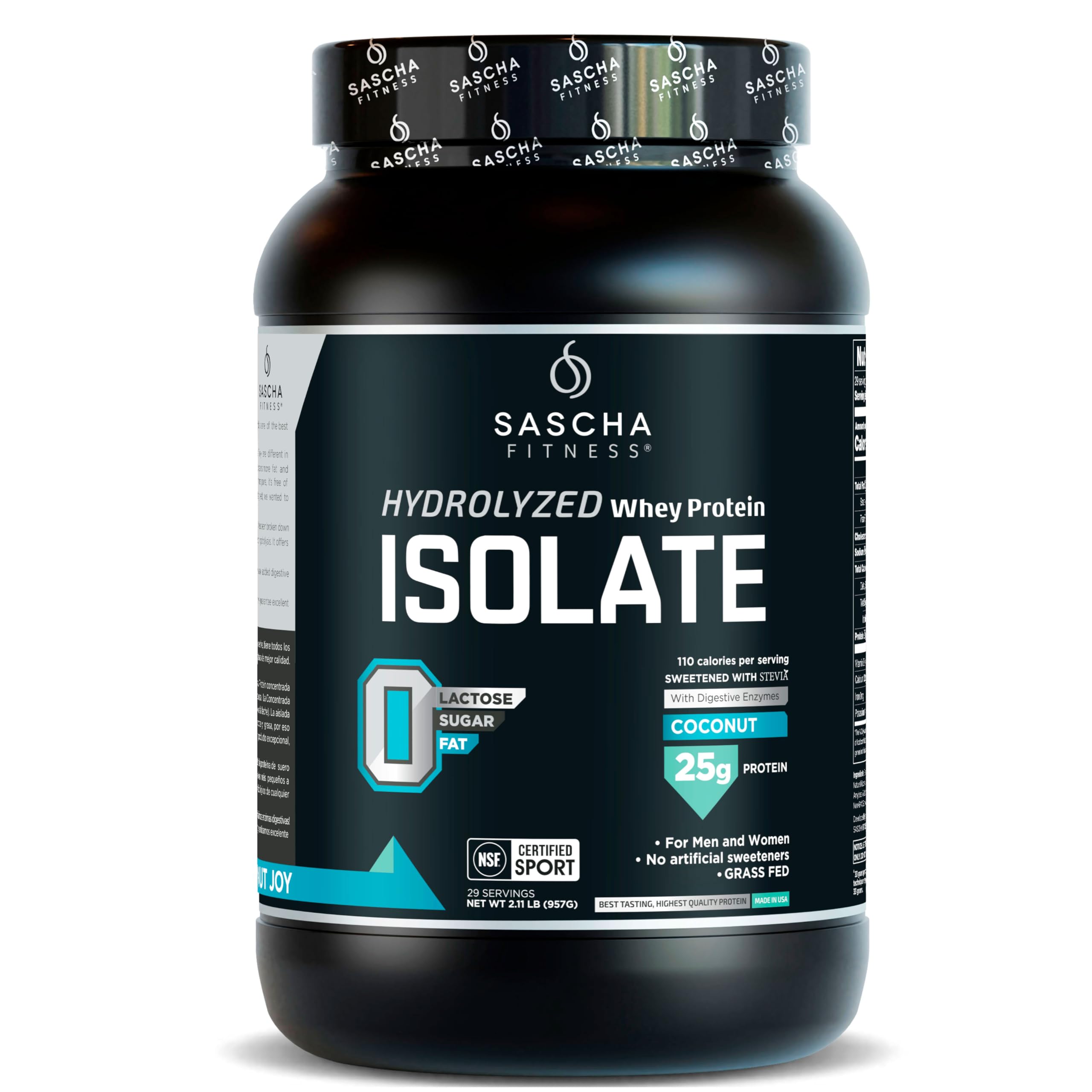 SASCHA FITNESS envase frontal sabor coco muestra calidad y claridad de etiqueta