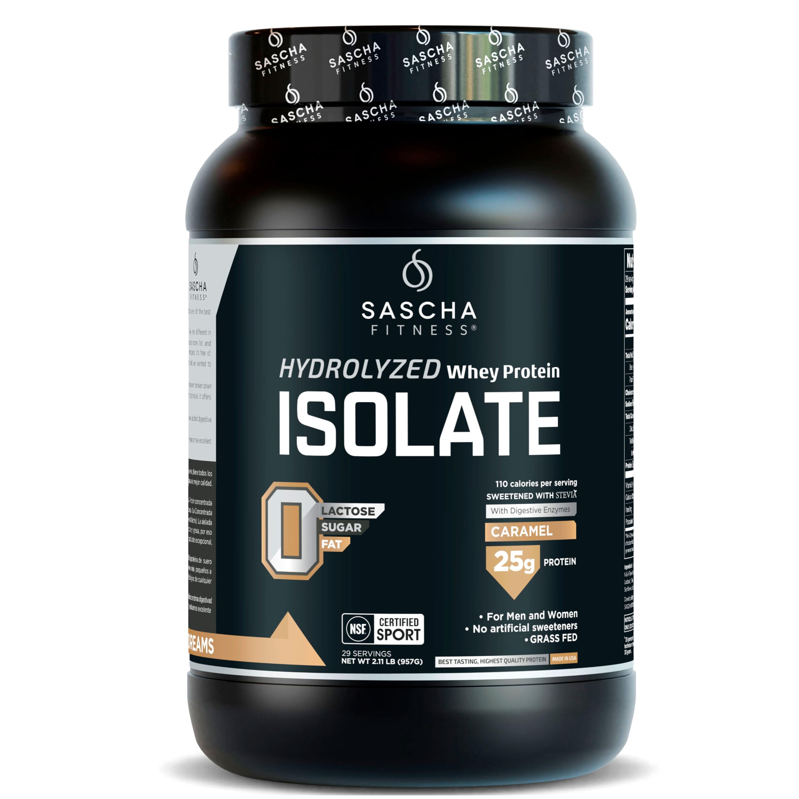 SASCHA FITNESS frente del envase mostrando sabor caramelo y beneficio de proteína rápida