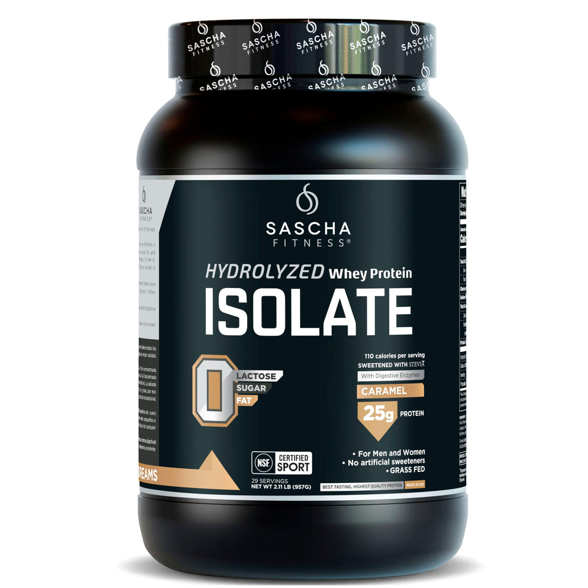 SASCHA FITNESS frente del envase mostrando sabor caramelo y beneficio de proteína rápida