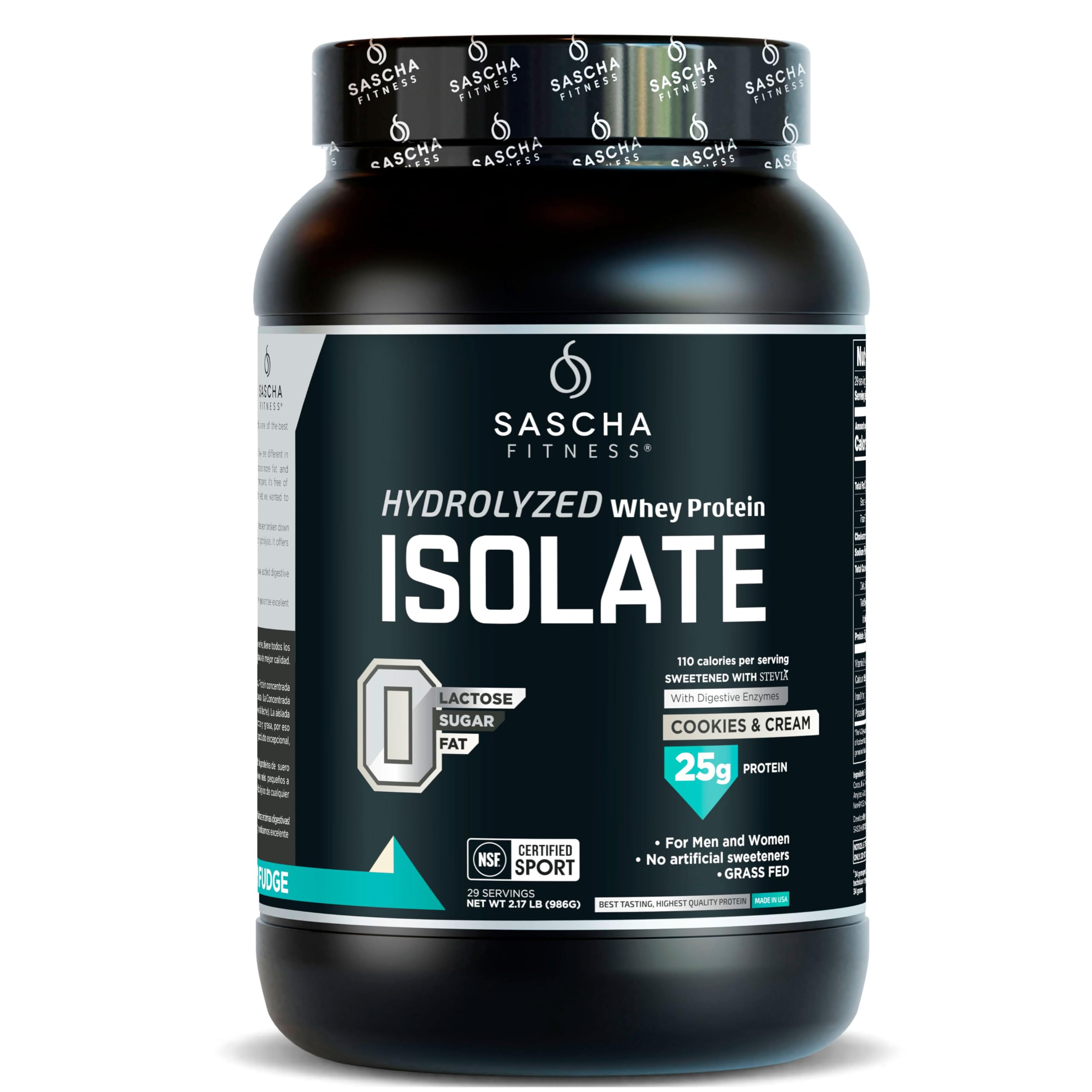 SASCHA FITNESS envase frontal Cookies & Cream, transmite confianza y pureza