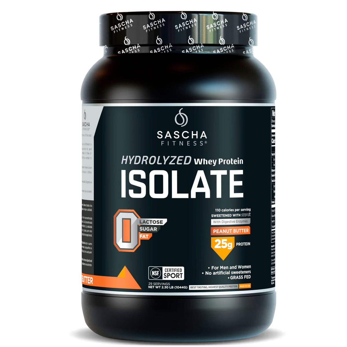 SASCHA FITNESS vista frontal del envase que destaca proteína aislada y sabor mantequilla de maní
