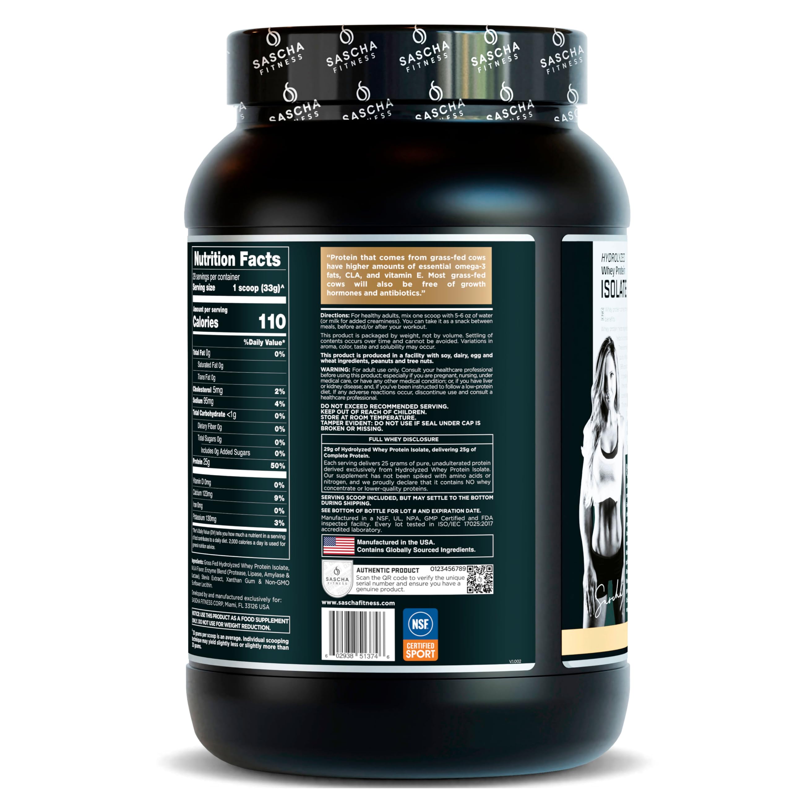 SASCHA FITNESS cucharada con porción ideal, 25 g proteína por servicio visible